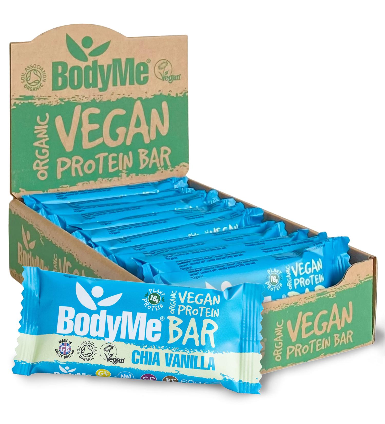 Buy Bodyme Bio Vegan Protein Bar - Roh Chia Vanilla | 12 x 60g | Gluten-Free | 16g Complete Vegan Protein | 3 Proteins & All Essential Amino Acids - Perfect Fitness Snack - Buy Online on GoSupps.com