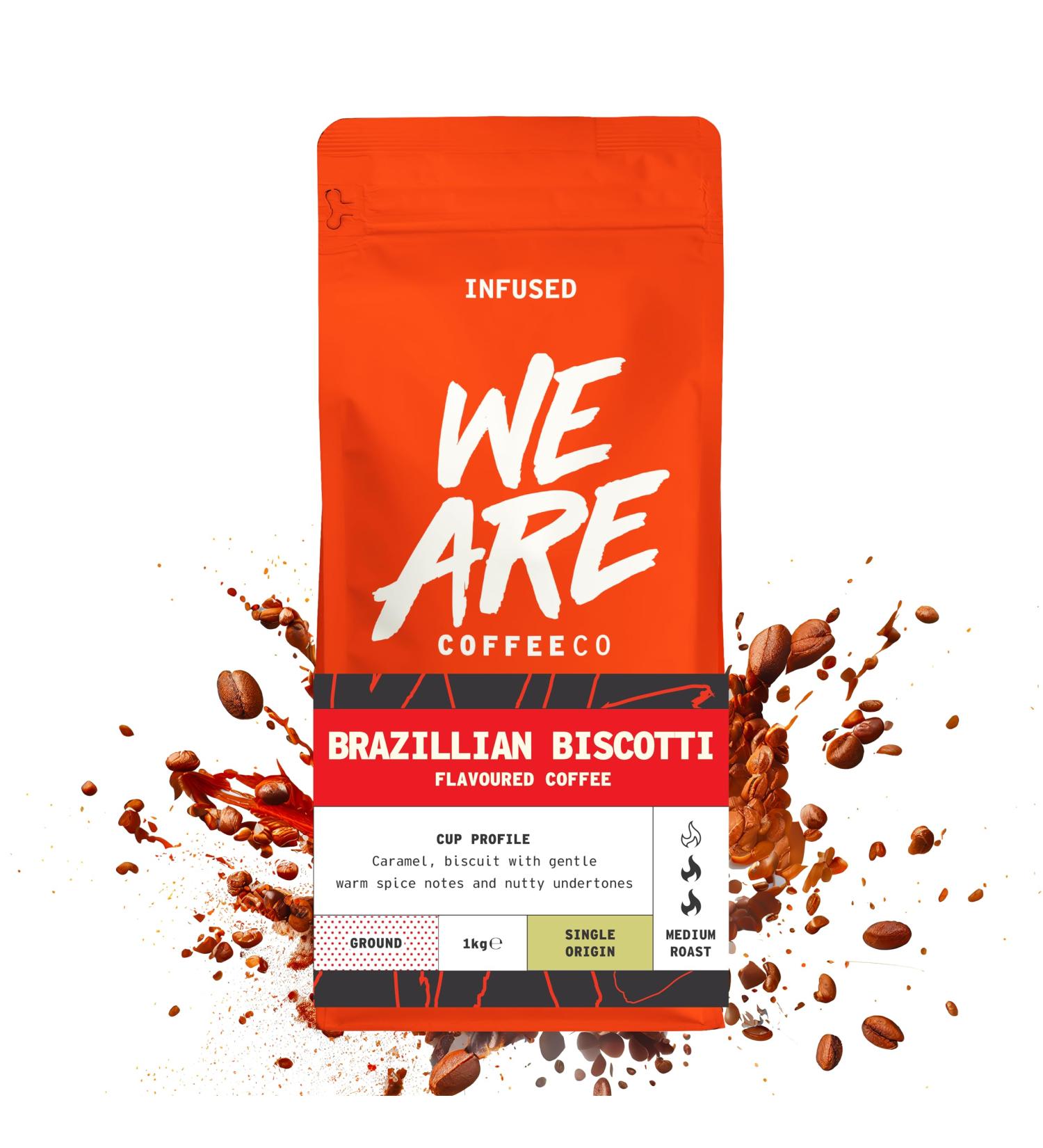 1kg Brazilian Biscotti Flavoured Ground Coffee - Caramel Nuts & Spice Notes - Arabica Medium Roast - Single Origin Omni Grind - Buy Online on GoSupps.com