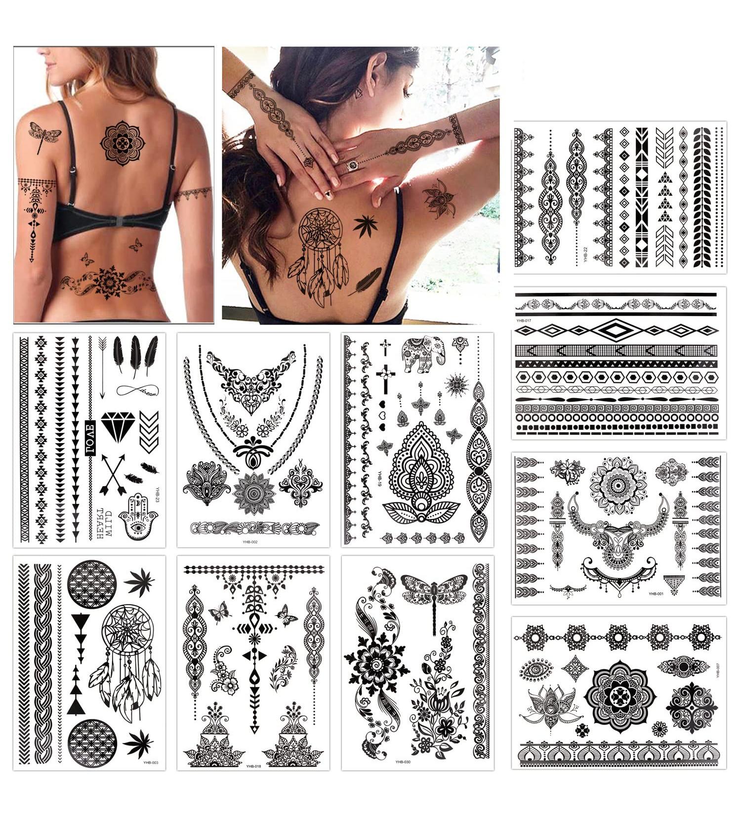 Konsait 10 Sheets Henna Temporary Tattoo Stickers for Women - Black Lace Mehndi Body Transfers for Festival Party - Adult Girls Body Art - Buy Online on GoSupps.com