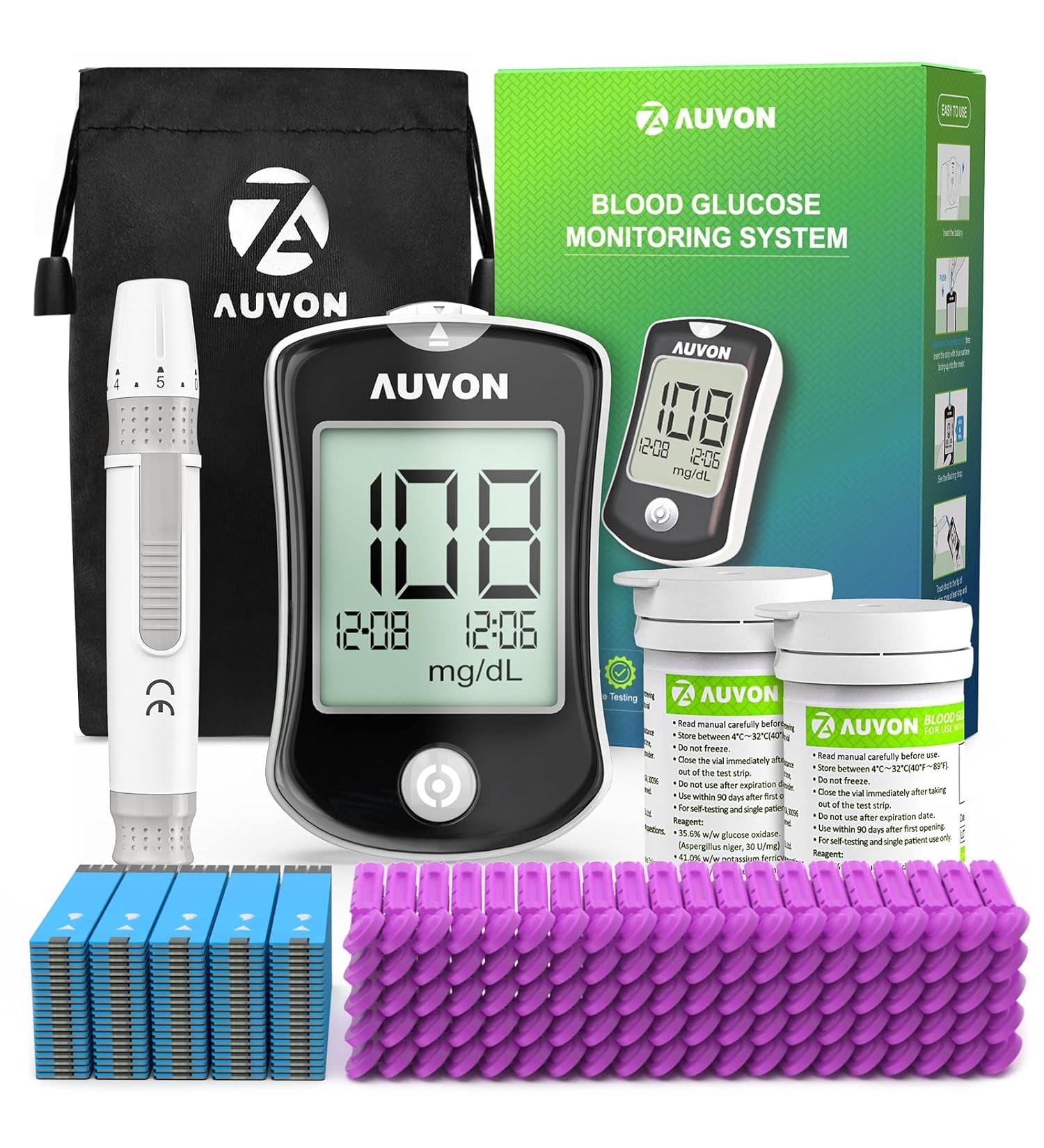 AUVON Blood Glucose Monitor Kit for Test Diabetes - 100 Glucometer Strips - Buy Online on GoSupps.com