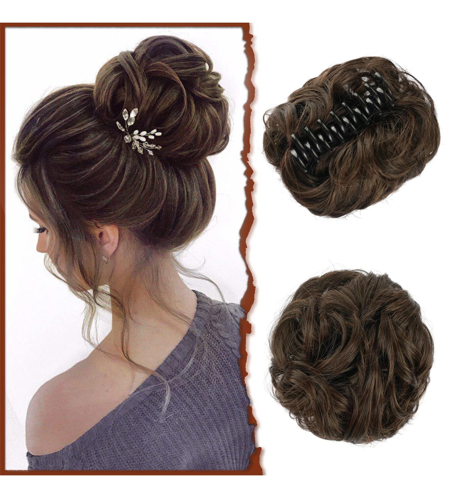 Sofeiyan Claw Clip Messy Bun Hair Piece - Wavy Curly Chignon Ponytail Extension in Dark Brown/Light Auburn - Buy Online on GoSupps.com