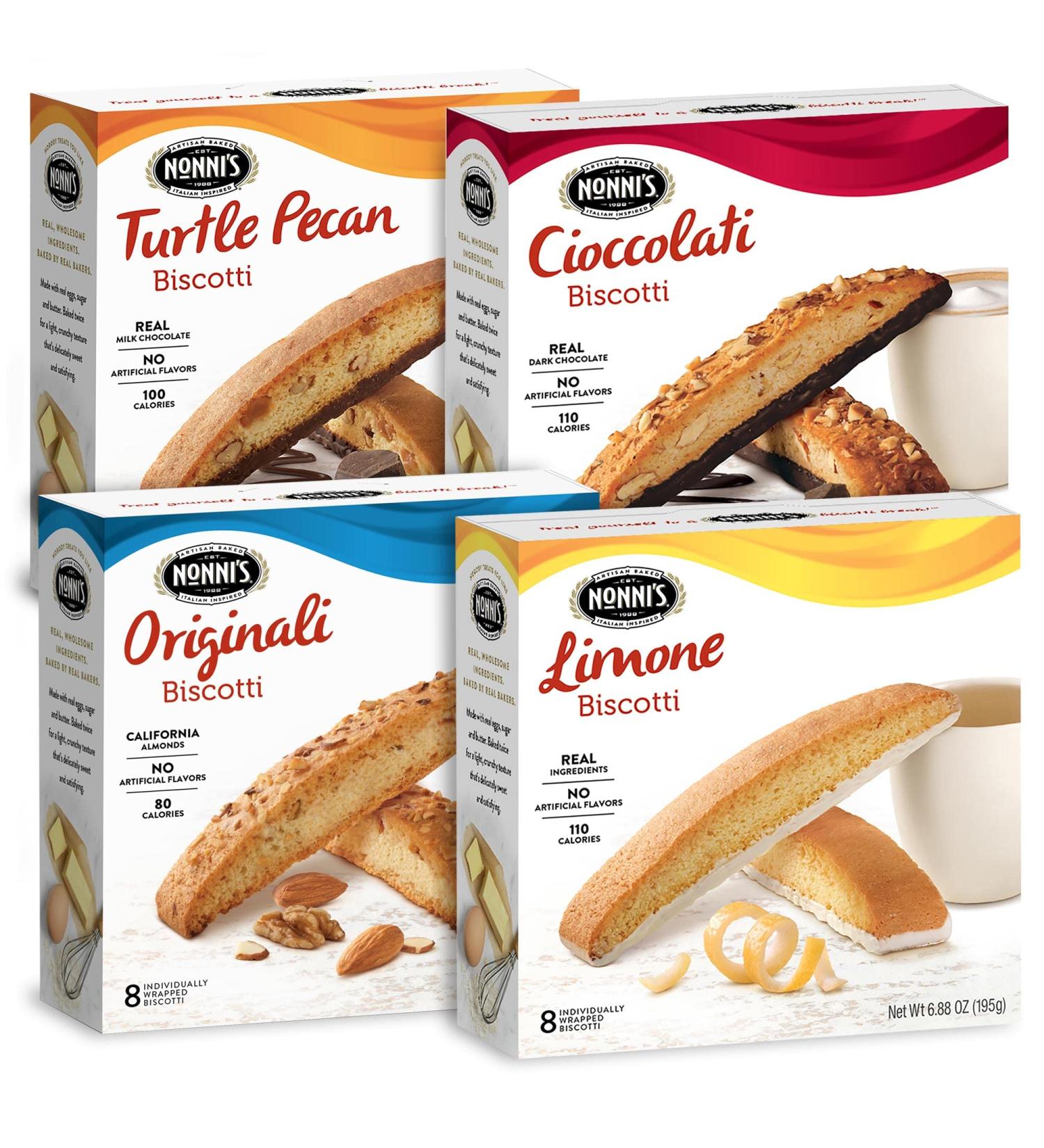 Nonni's 4 Pack Biscotti Italian Cookies - 4 Boxes Italian Biscotti Cookies - Limone Originali Turtle Pecan & Cioccolati - Biscotti Individually Wrapped Cookies - 100 Calories - Kosher - 8 Cookies Per Box