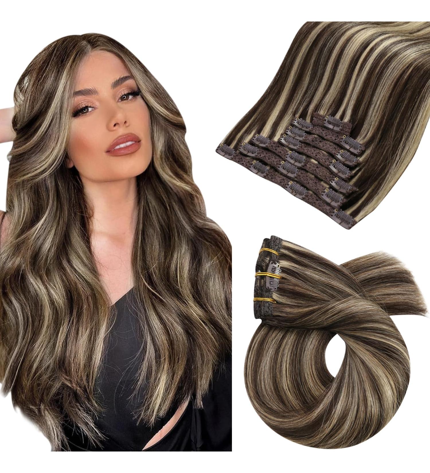 Shop Moresoo Real Hair Extensions | Clip-In Dark Blonde & Brown 120g - 7Pcs 40cm Remy Quality - Buy Online on GoSupps.com
