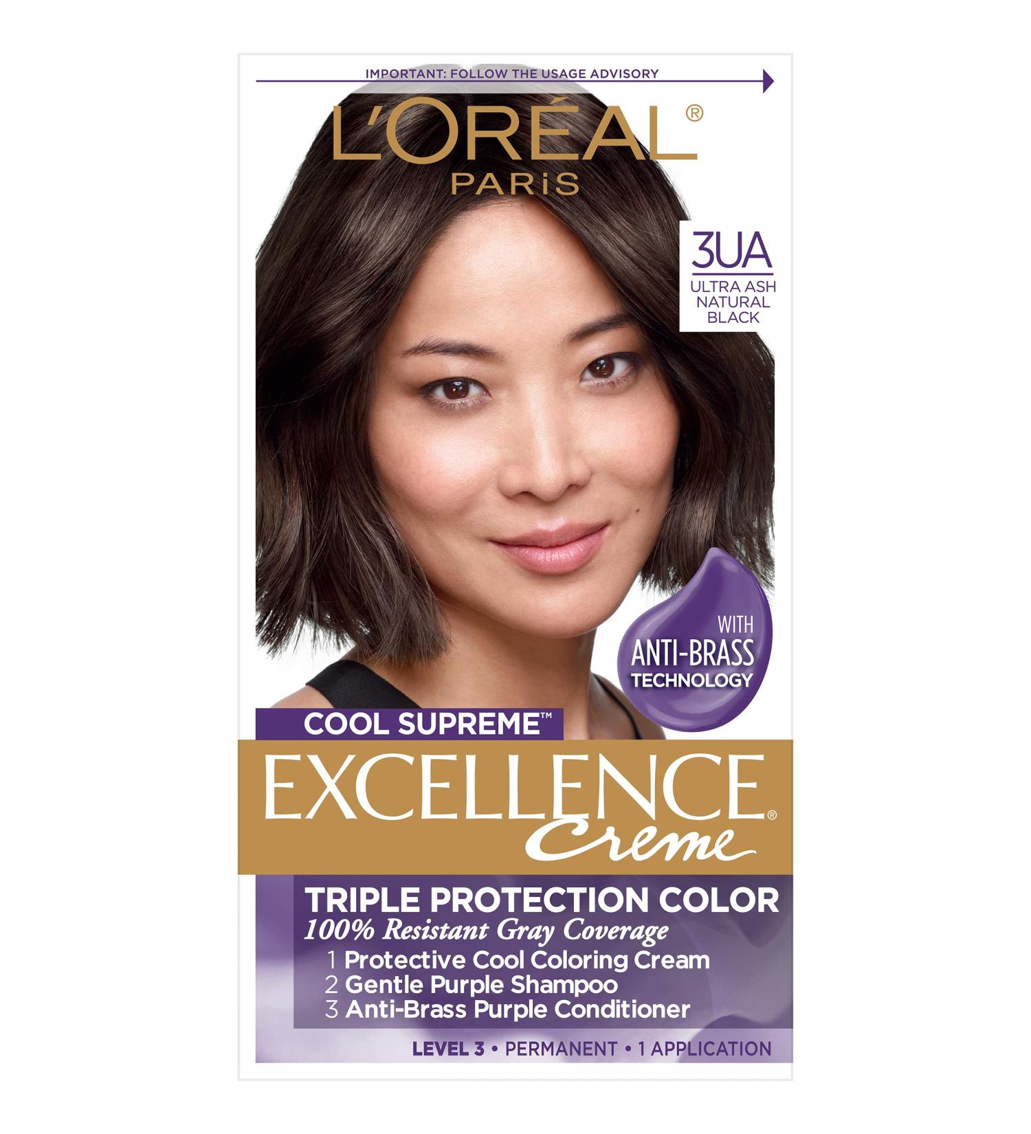 L'Oreal Paris Excellence Cool Supreme Ash Hair Color - 100% Gray Coverage Dye with Anti-Brass Shampoo & Conditioner - 3.11 Ultra Ash Black - 1 Count - Buy Online on GoSupps.com