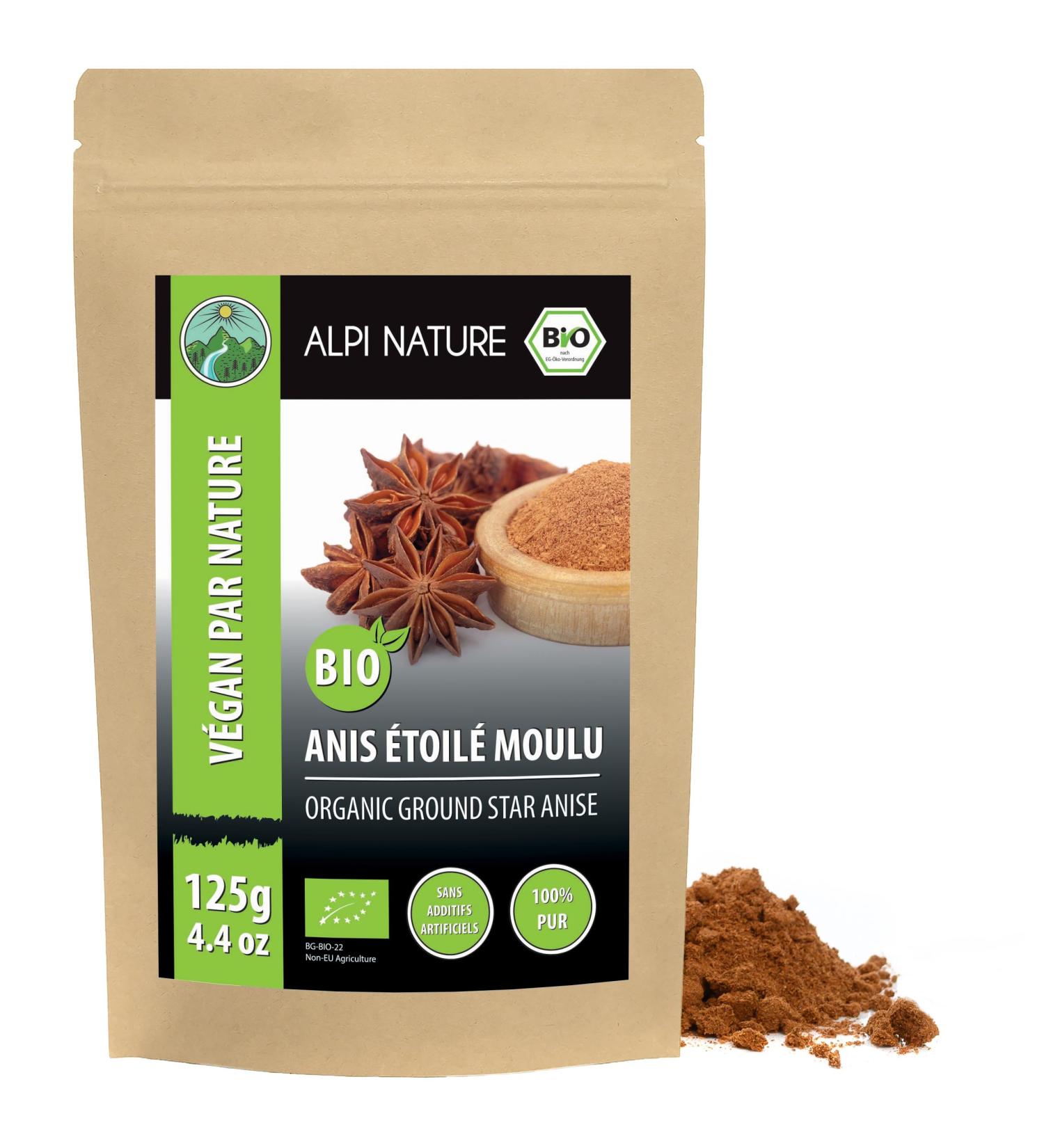 Alpi Nature Badiane Anis toil BIO Moulue 125g Poudre de Gousses de Badiane Moulues pour la Cuisine 125 GR - Buy Online on GoSupps.com