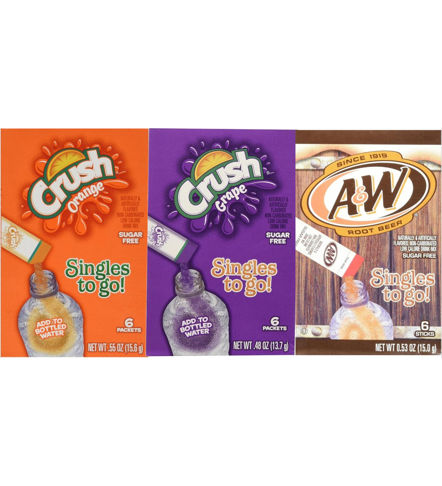 On the Go Variety Pack 1 box(6 packs of 2 servings) of each flavor - Crush Orange Crush Grape A&W Root Beer