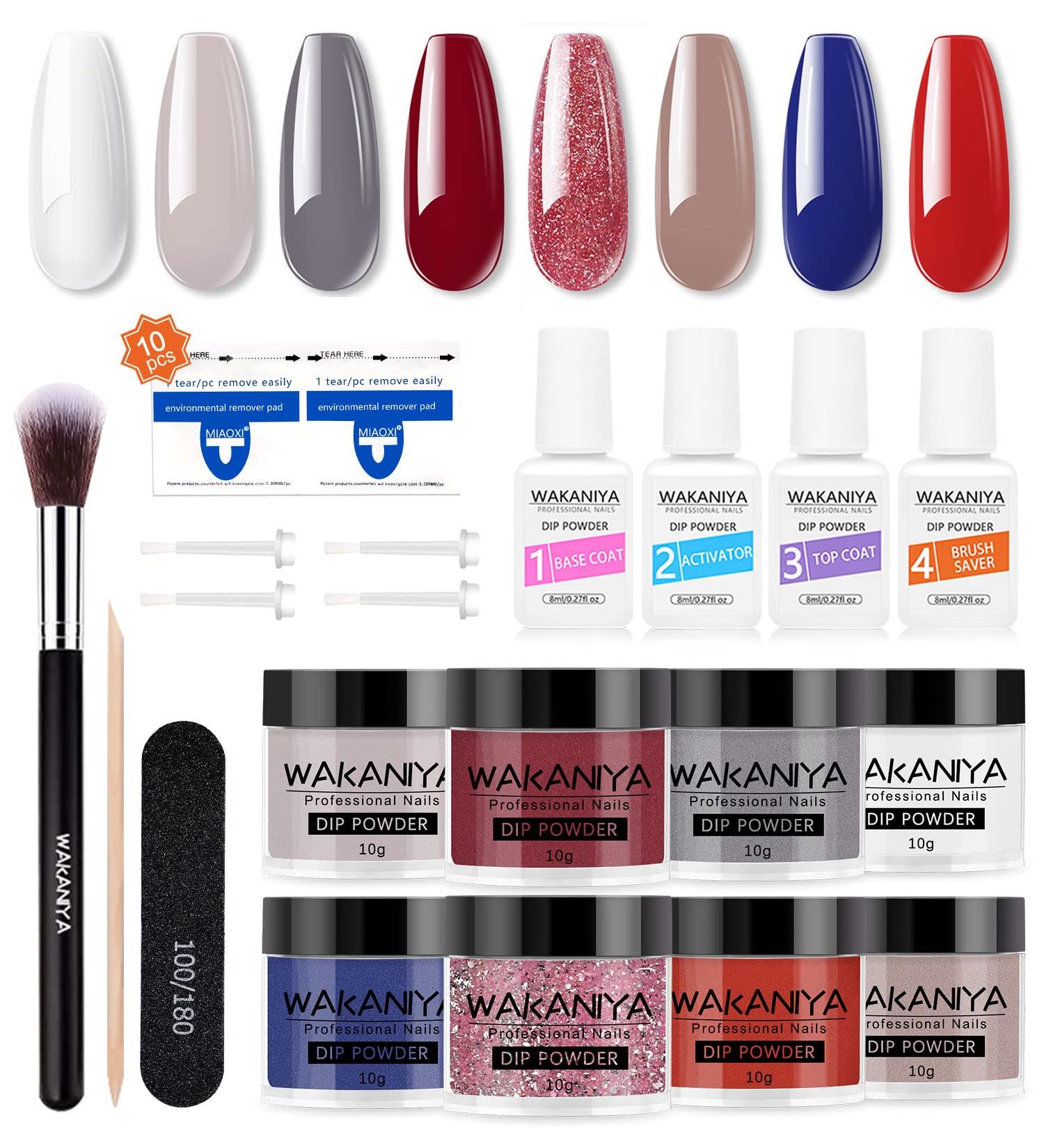 Wakaniya Dip Powder Nail Kit - 8 Colors Red Grey Dipping Set with Base, Top Coat, Activator, Brush - French Nails Art Manicure Kit for Women - Buy Online on GoSupps.com