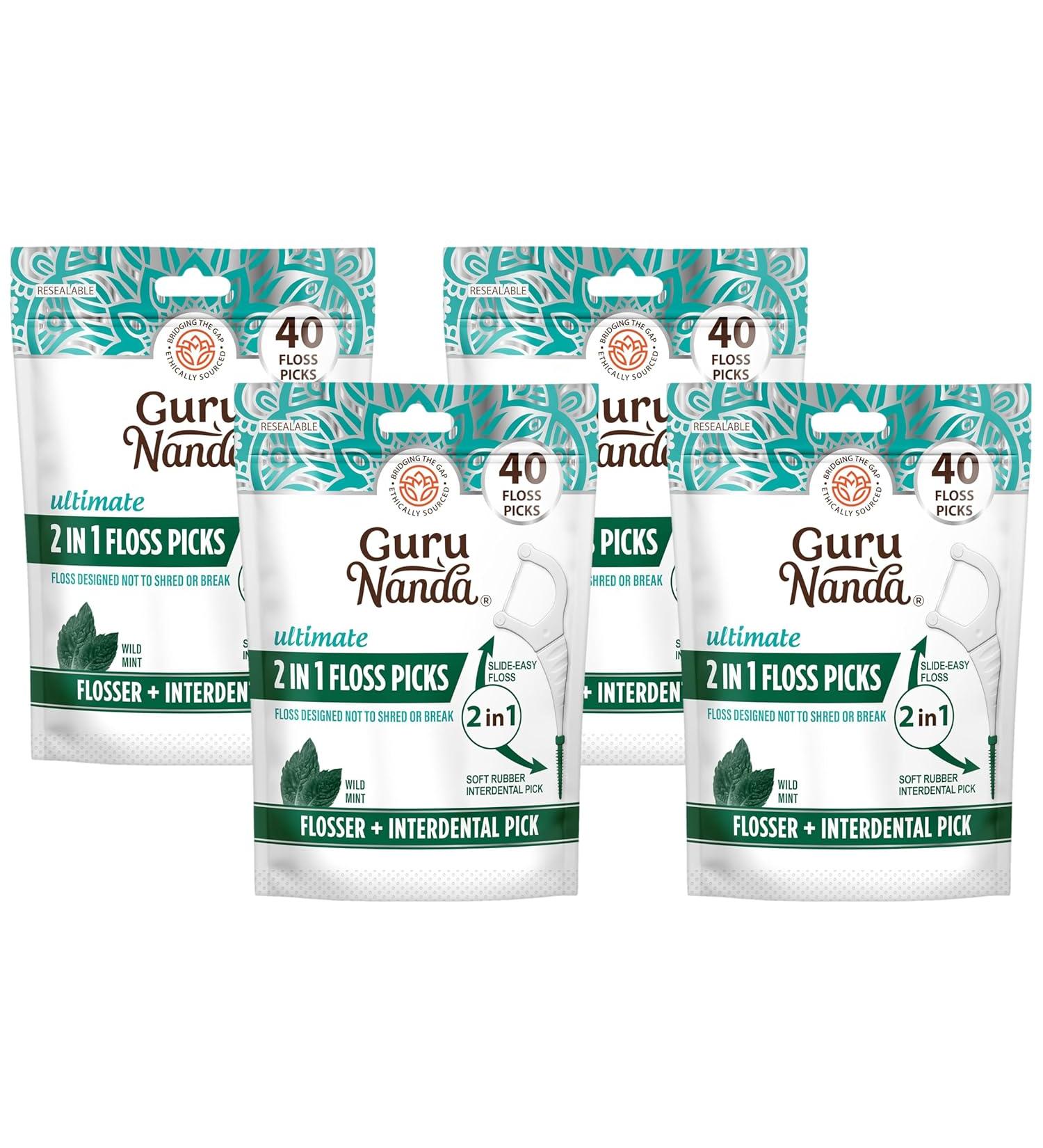 GuruNanda 2 in 1 Dental Floss Picks - Mint - Pack of 4 - 40 Count - Buy Online on GoSupps.com