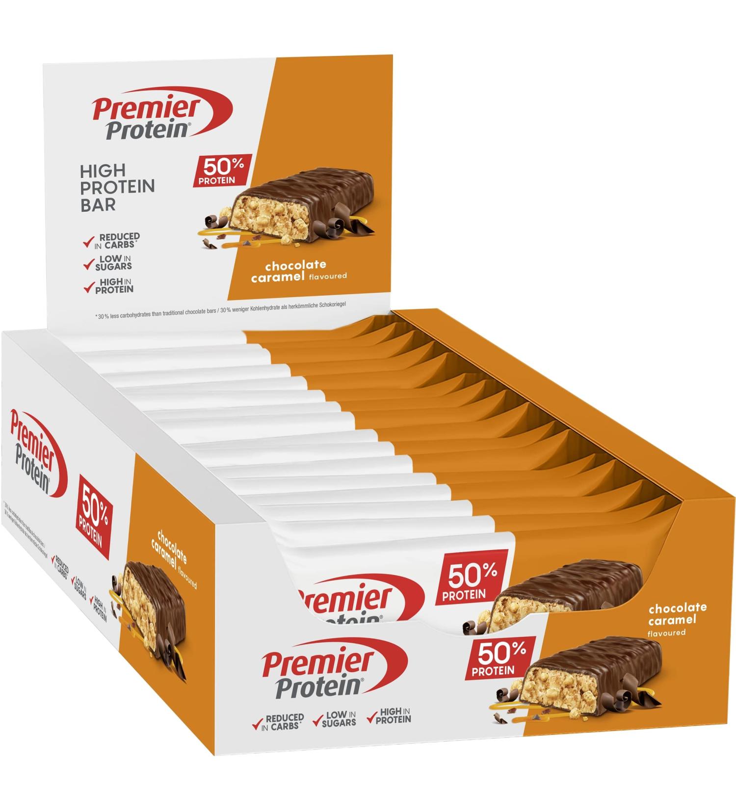 Premier Protein Chocolate Caramel Bar 16x40g - High Protein, Low Sugar, Palm Oil Free - Buy Online on GoSupps.com