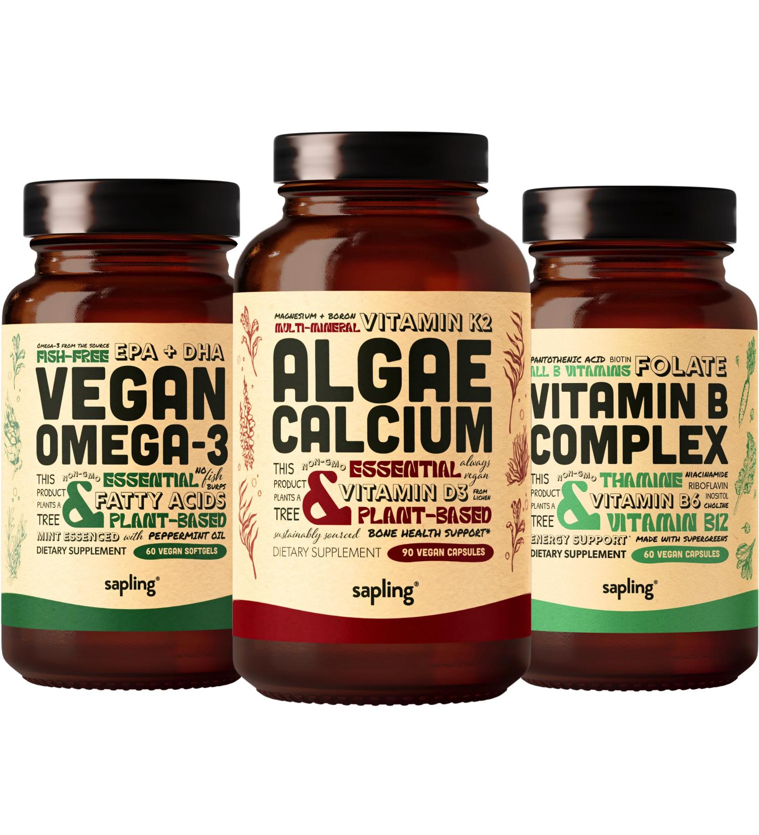 Algae Calcium & Vegan Omega 3 & Vitamin B Complex Bundle - Calcium Supplement from Red Algae Plant Based DHA & EPA Fatty Acids Essential B Vitamins - Buy Online on GoSupps.com