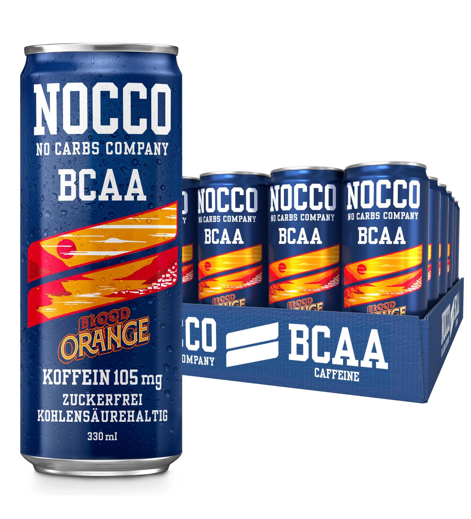 Nocco BCAA Energy Drink 24 Pack - Sugar-Free Vegan Caffeine & Amino Acids - Blood Orange Flavor (24 x 330ml) - Boost Your Energy! - Buy Online on GoSupps.com