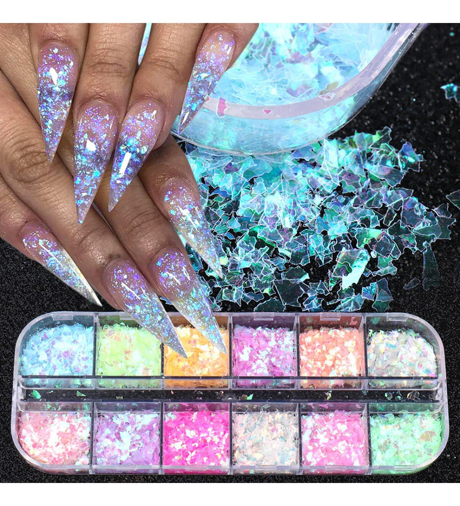 Mermaid Flake Nail Art Glitter Sequins - 12 Colors, 3D Holographic, Fluorescent Glass - Nail Decals for Women & Girls - DIY Acrylic Nails - Buy Online on GoSupps.com