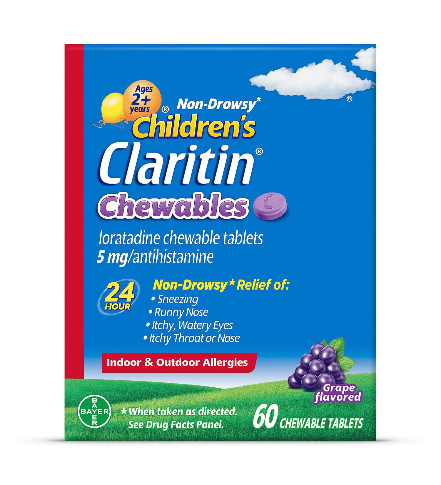 Children's Claritin Chewables 24 Hour Allergy Relief, Non Drowsy Kids Allergy Medicine, Grape Antihistamine Chewable Tablets, 60 Count - Buy Online on GoSupps.com
