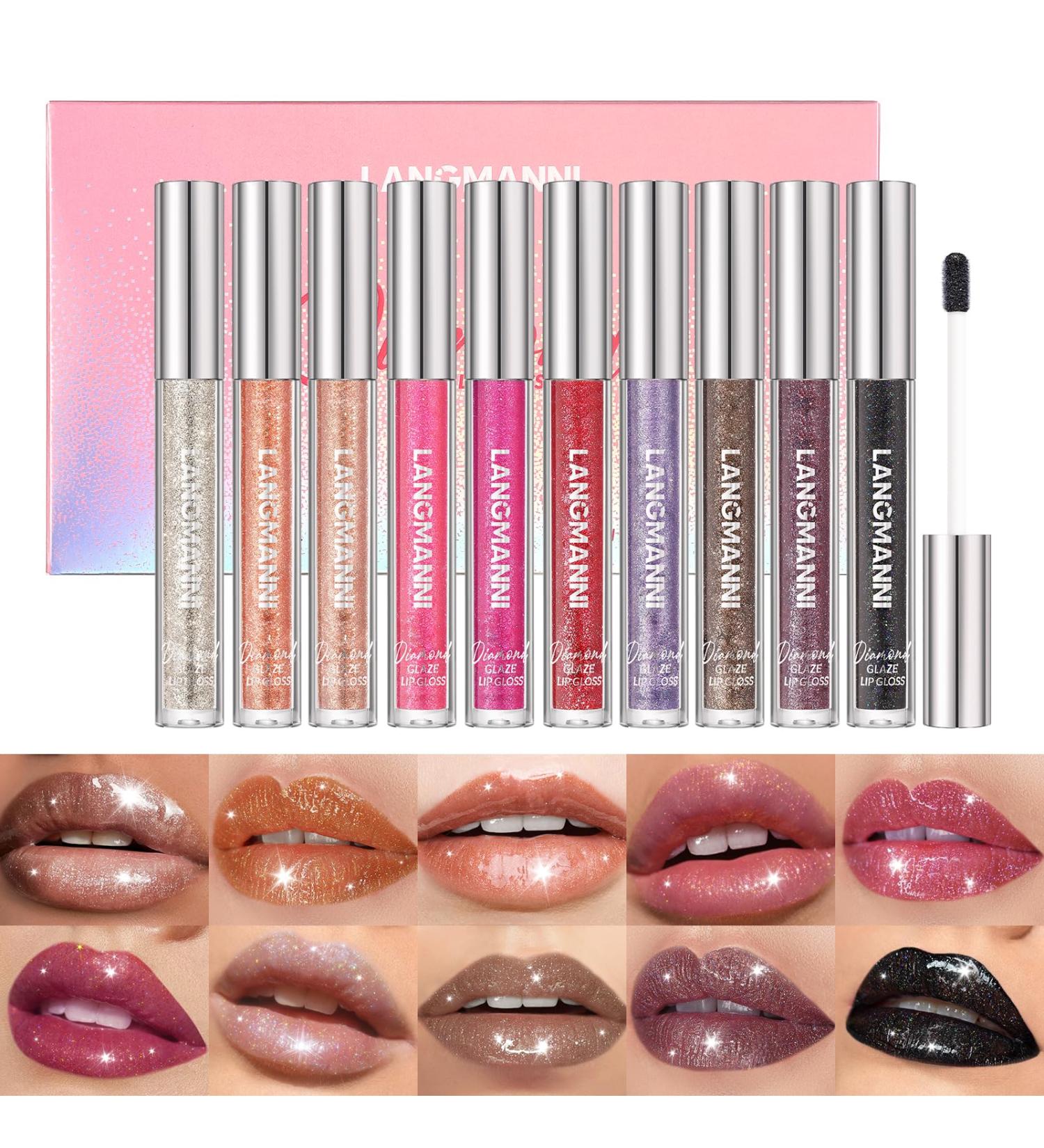 LANGMANNI 10 Colors High Shine Lipgloss Set - Diamond Gliter Shimmer Liquid Lipstick Kit for Girls - Buy Online on GoSupps.com