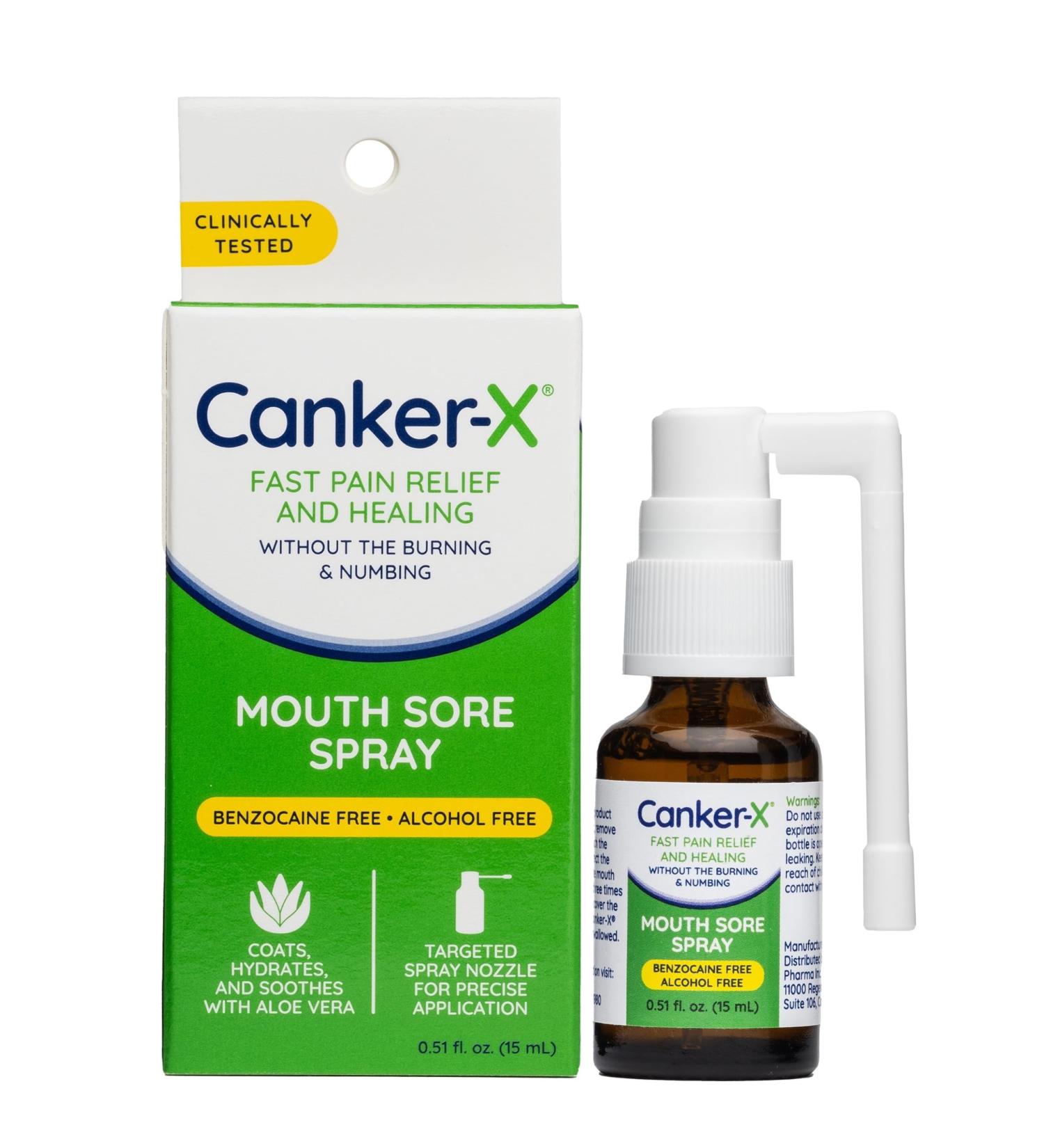Canker-X Mouth Sore Spray Oral Pain Relief from Canker Sores Burns & More No Burning & Numbing Benzocaine-Free & Alcohol-Free Mouth Ulcer Treatment Targeted Spray Nozzle 0.51 Fl. Oz. - Buy Online on GoSupps.com