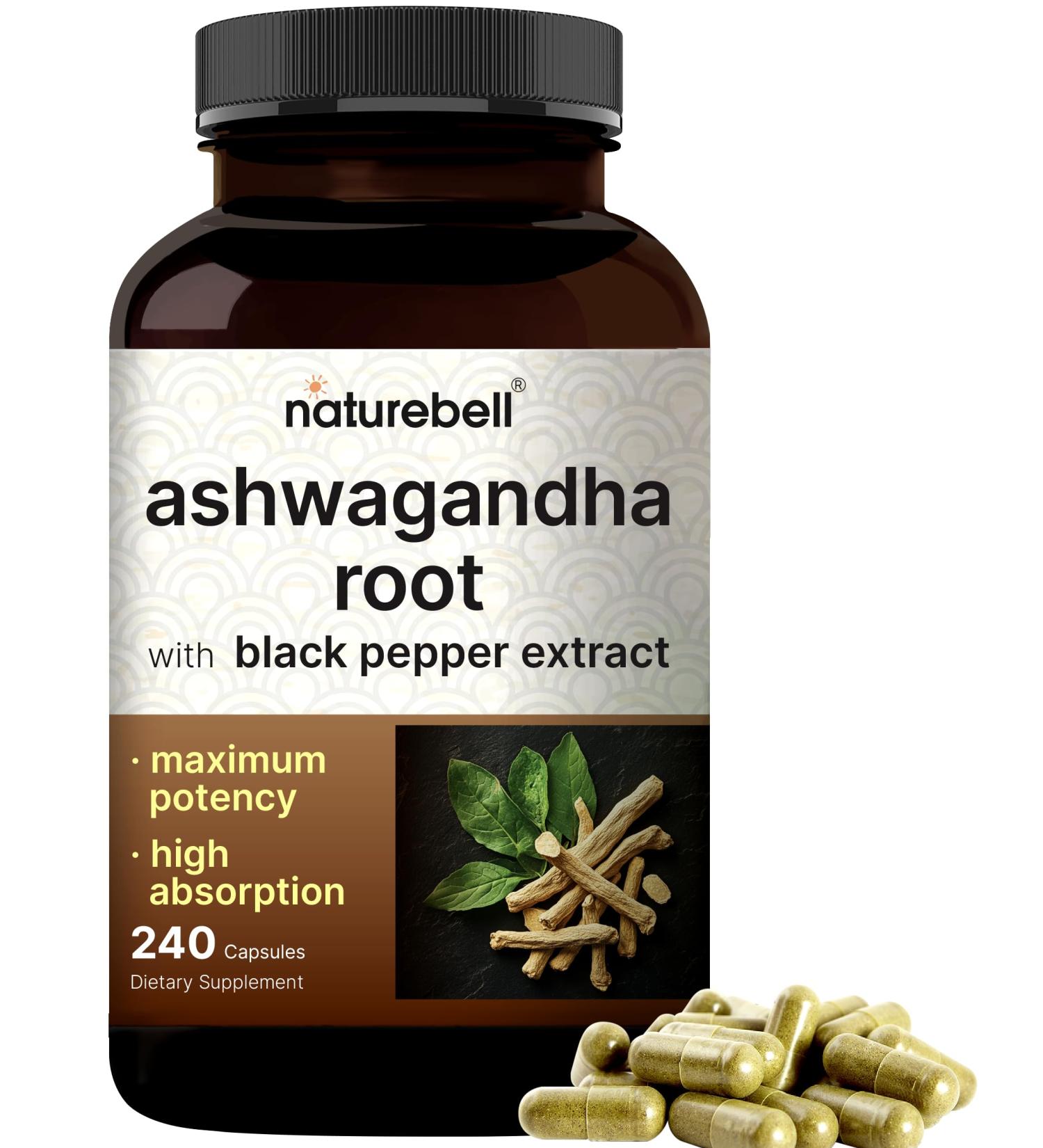 NatureBell Ashwagandha with Black Pepper Extract 240 Capsules | Ashwagandha Complex with Root Extract Herbal Supplements for Women & Men Non-GMO Gluten Free - Buy Online on GoSupps.com