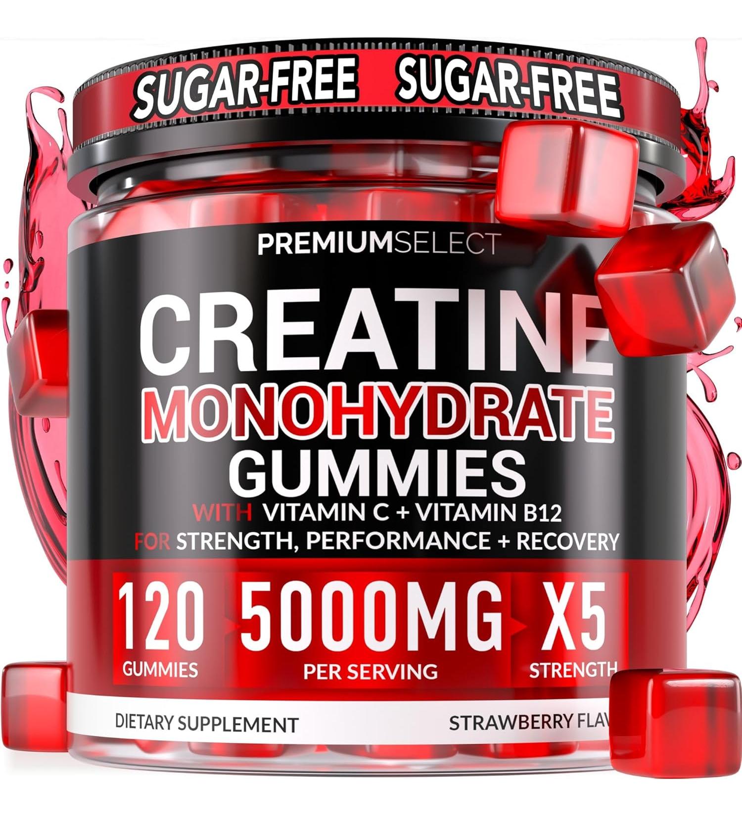 Premium Select Nutrition Creatine Gummies 5000mg for Strength & Muscle Tasty Gains in Every 5g Chew ugar Free for Men & Women Monohydrate Pre-Workout & Recovery Supplement 120 Gummies - Strawberry - Buy Online on GoSupps.com