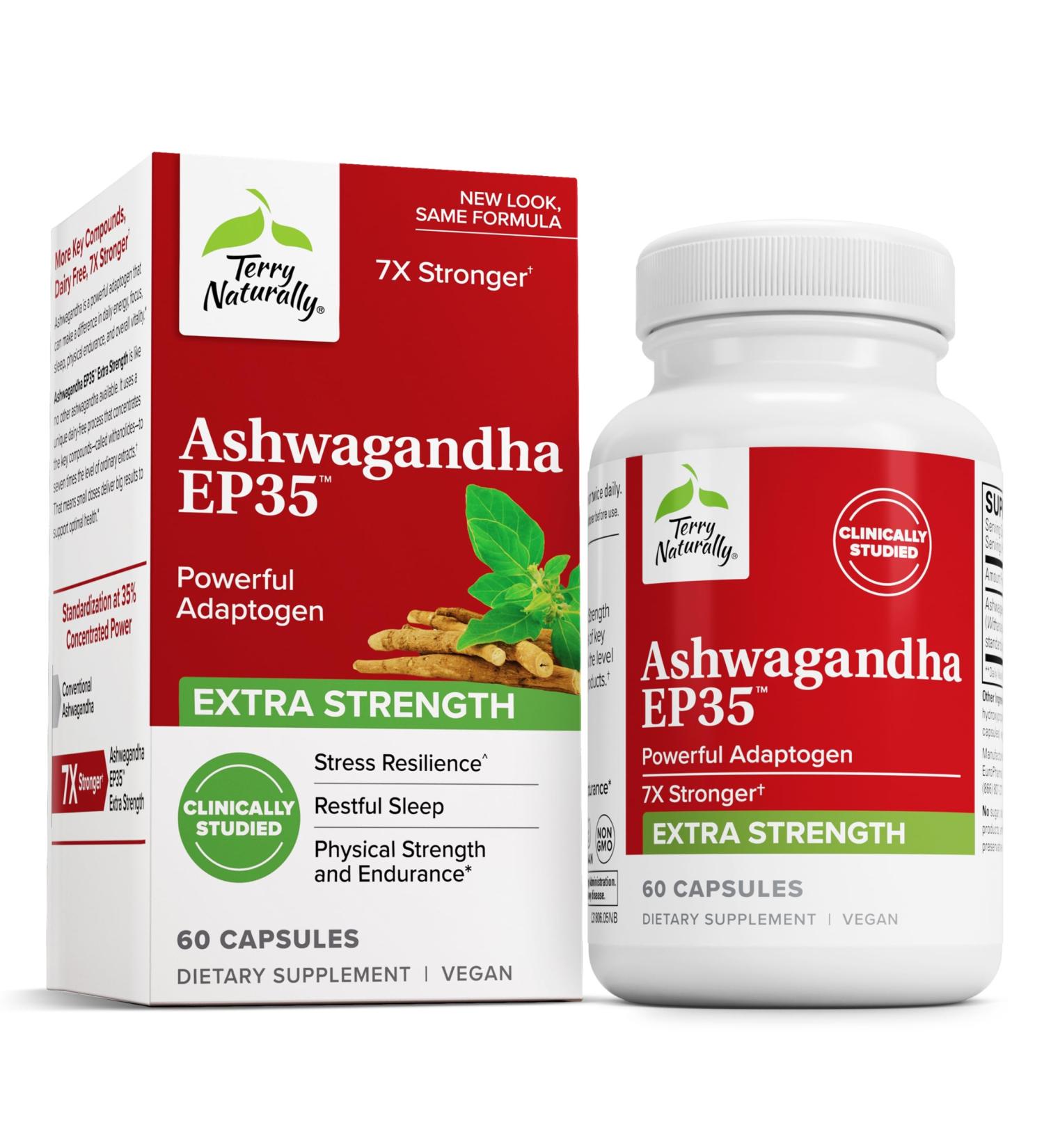 Terry Naturally Ashwagandha EP35 Extra Strength - Herbal Supplement for Sleep Support - Aid Healthy Stress Response - Endurance & Energy Support - 60 Capsules (60 Servings) - Buy Online on GoSupps.com