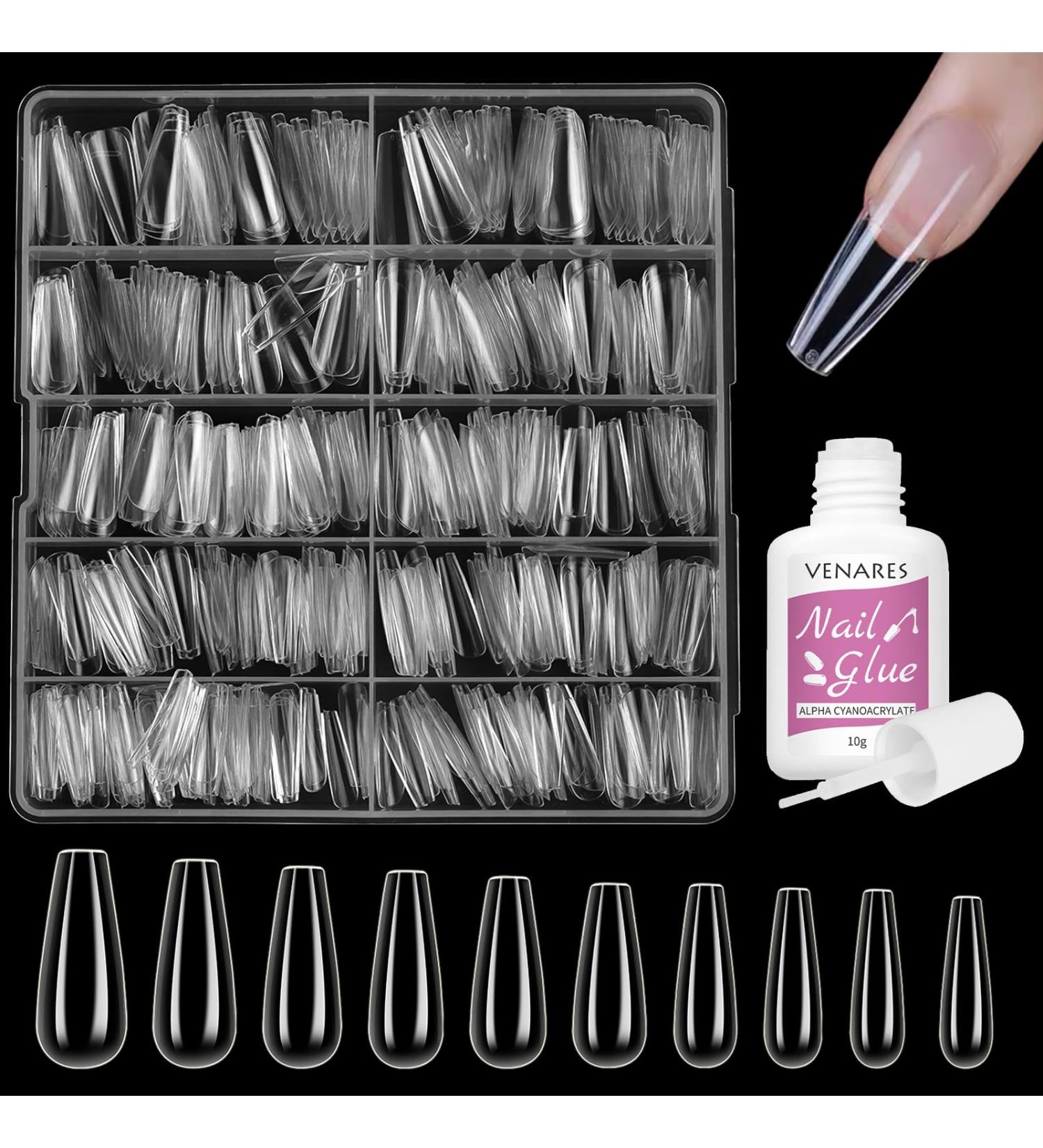 Venares 500-Piece Nail Tips Set with Glue - 10 Sizes Soft Gel Full Cover Fake Nails for Perfect Gel Manicures - Buy Online on GoSupps.com