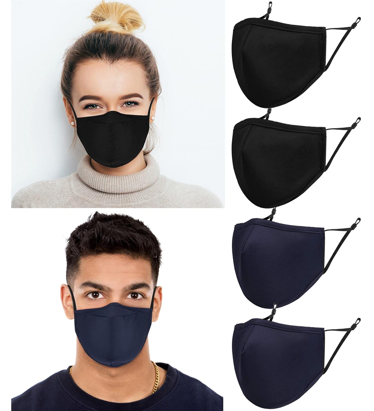 ecotru UK 4 Pack Reusable Cotton Face Masks 2 Navy Blue 2 Black Mask with Nose Wire for Glass Wearers 3-Ply Washable & Breathable Fabric with Filter Pocket & Adjustable Loops - Buy Online on GoSupps.com