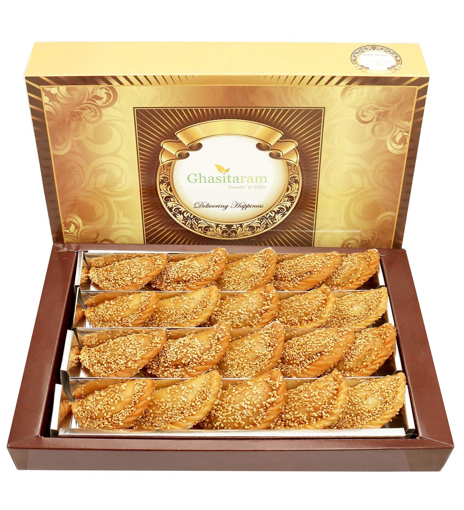 Ghasitaram Gifts Holi Sweets Holi Gifts Holi Hamper Roasted Til/Sesame Gujiya 800 GMS - Buy Online on GoSupps.com
