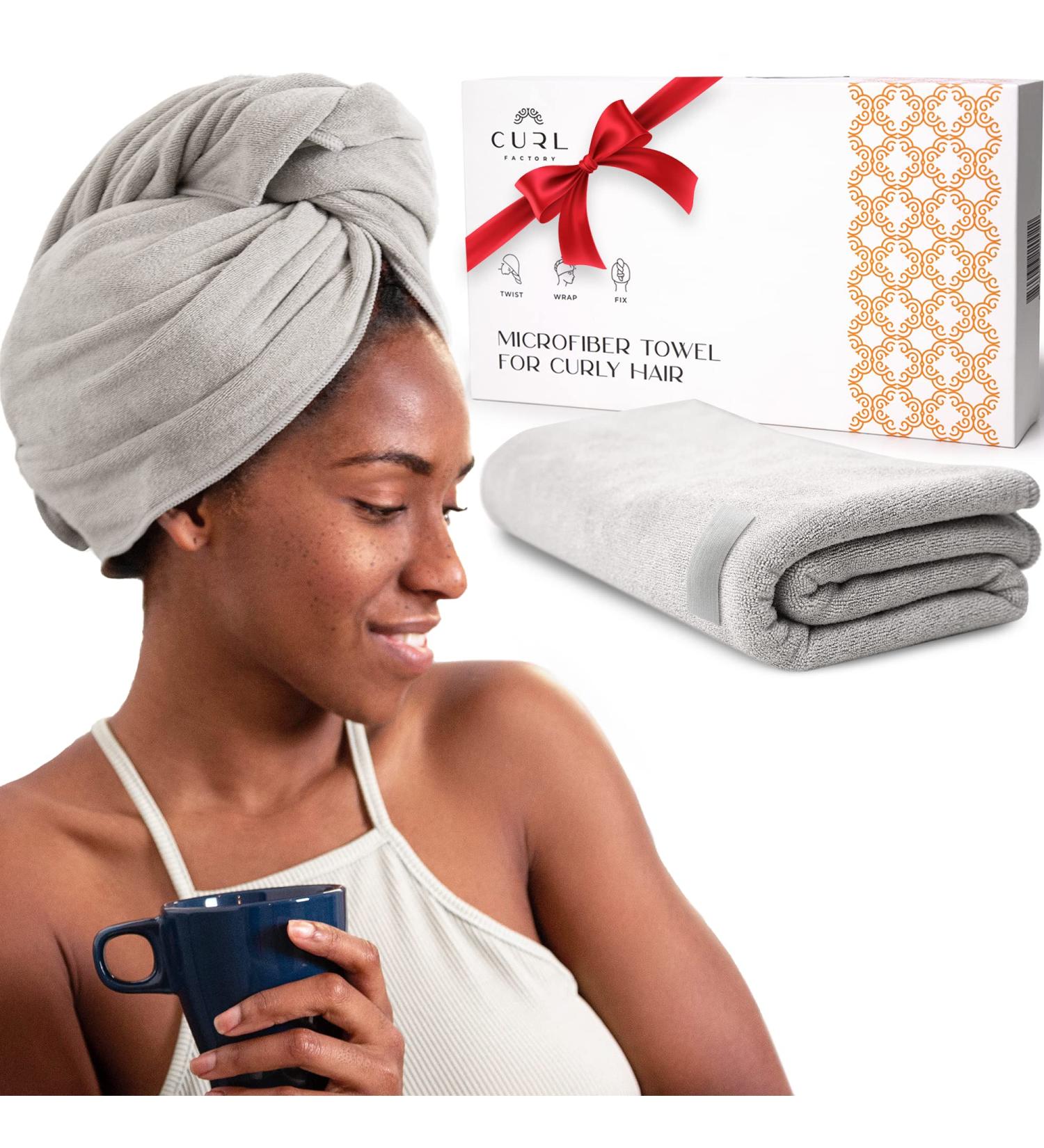 Quick Dry Microfiber Hair Towel Wrap for Curly Hair | 20x40 inch Gray Towel with Elastic Strap for Drying and Plopping - Buy Online on GoSupps.com