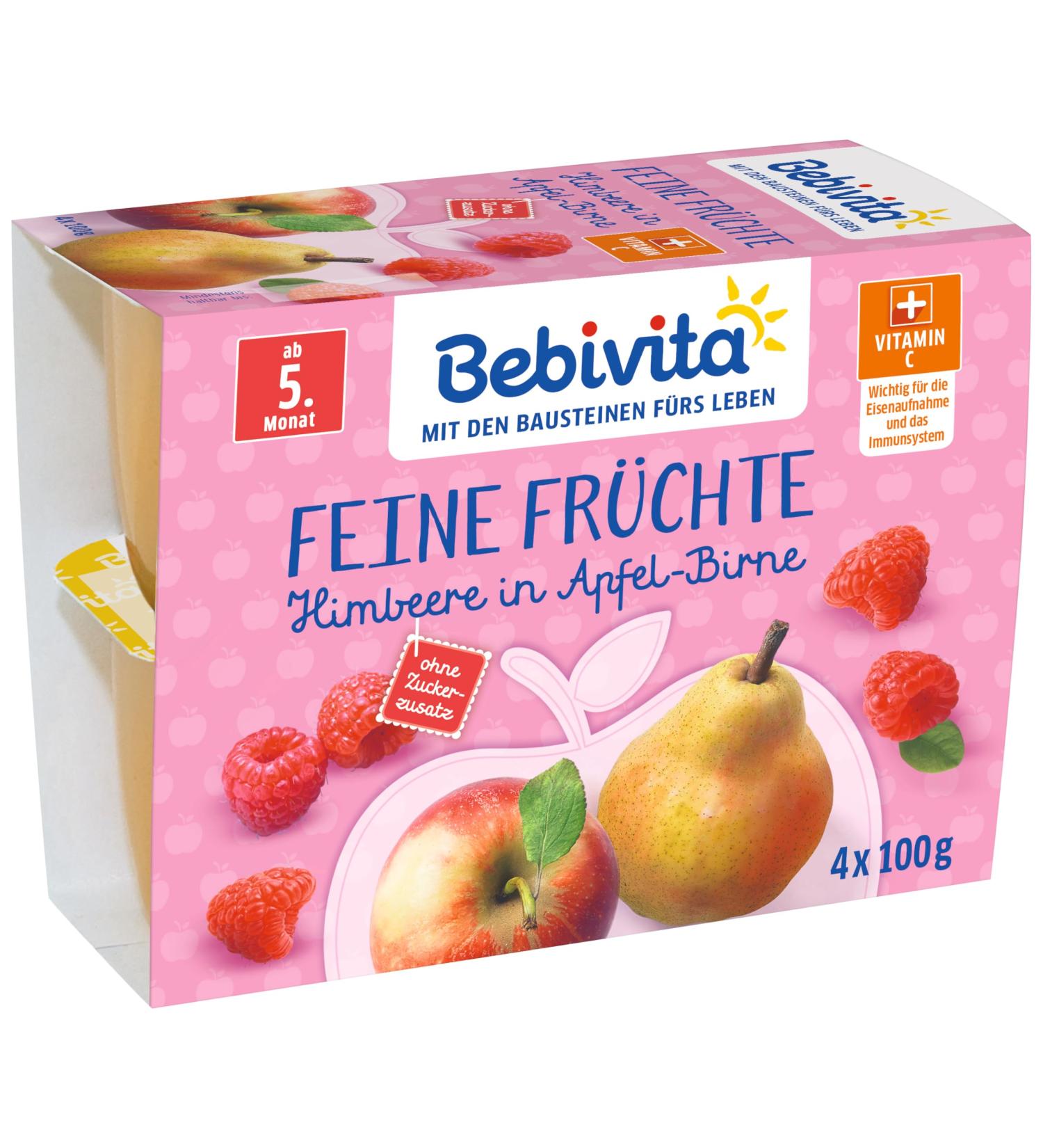 Bebivita Fine Fruits Raspberry in Apple Pear - 6 Pack (6 x 4 x 100g) | Premium Baby Food International Shipping - Buy Online on GoSupps.com