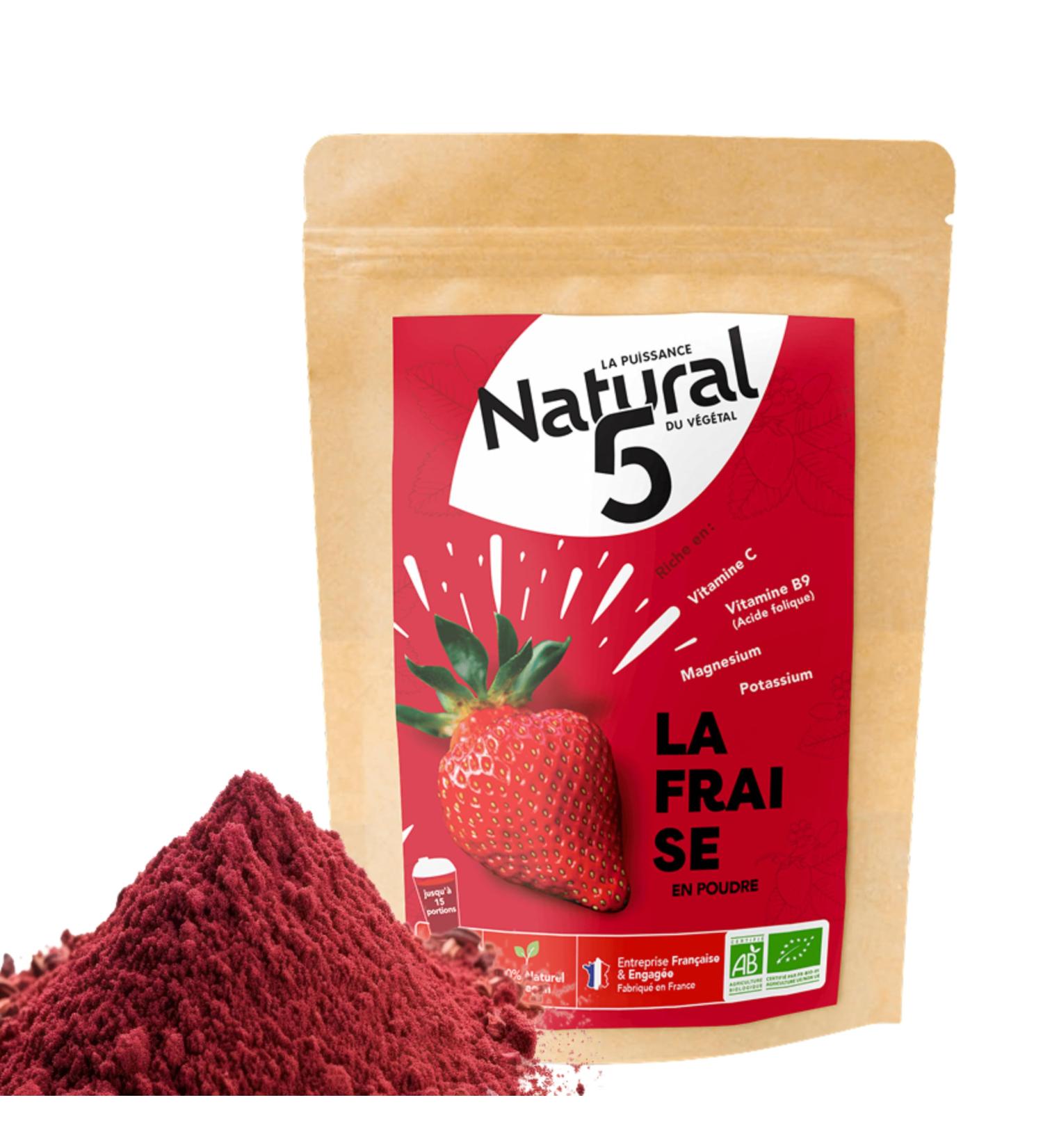 NATURAL5 - Poudre Compl ment Alimentaire Fraise Bio 120g - Vitamine C Magn sium & Fibres - Immunit & Digestion - Vegan Sans Sucre 0 Additifs - Bio FR & Fabriqu en France - Sachet 120g - Buy Online on GoSupps.com