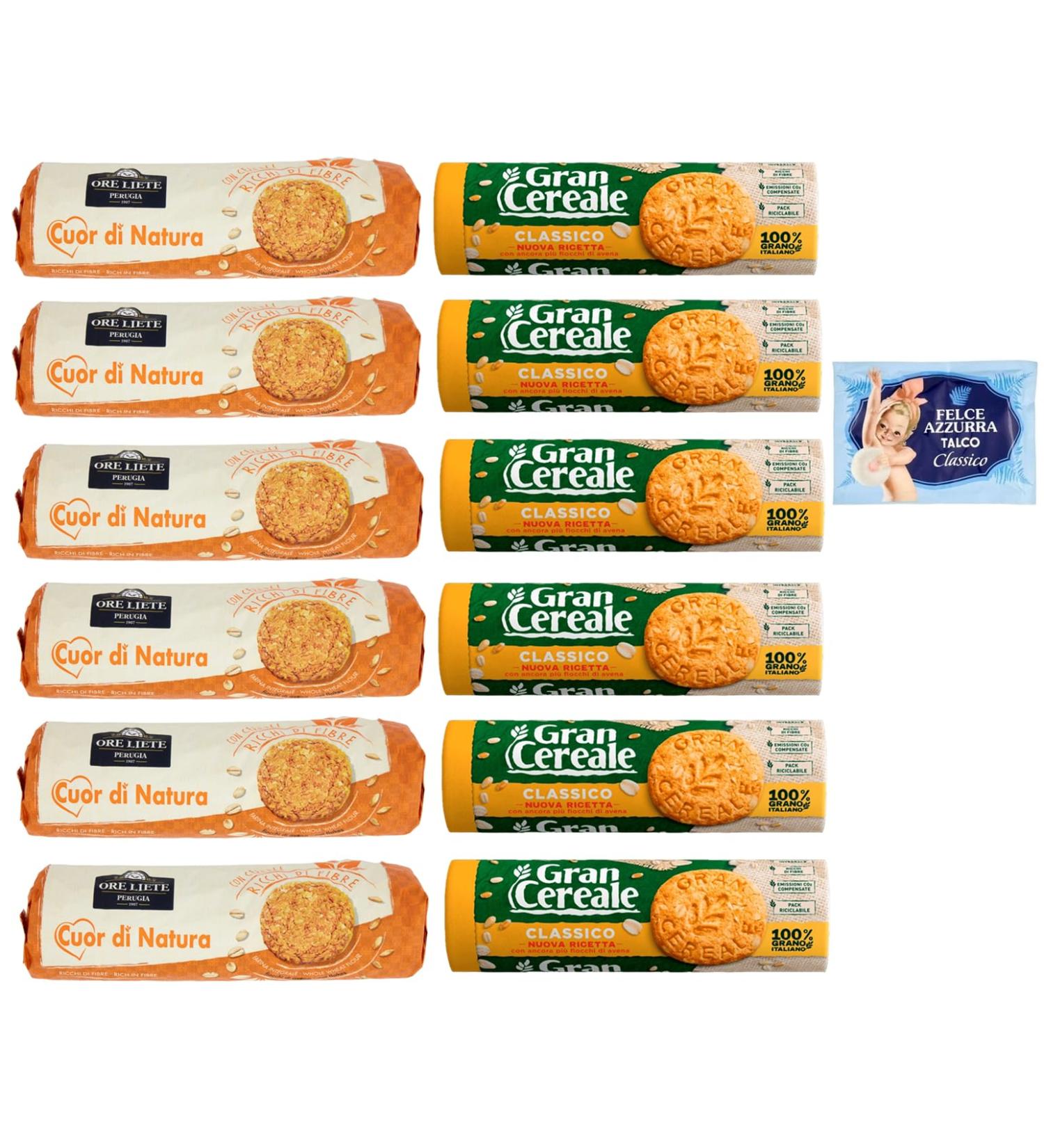 Biscotti Cereali Ore Liete Gran Cereale Pack of 12 biscuits with cereals packed in a 250 g tube + 1 sachet of talc Felce Azzurra 100 g - Buy Online on GoSupps.com