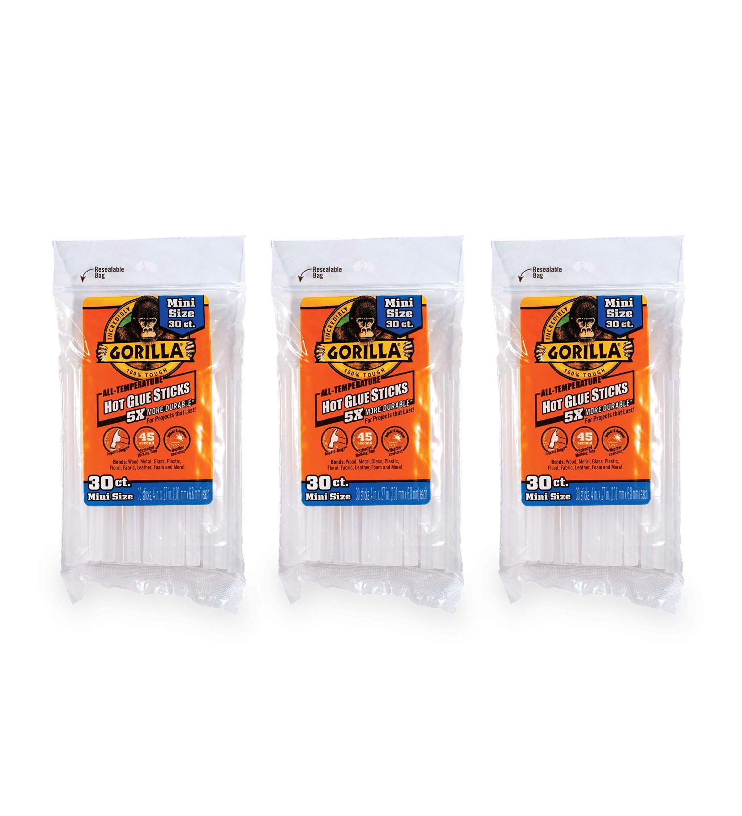Gorilla Hot Glue Sticks  Mini Size  4" Long x .27" Diameter  30 Count  Clear  (Pack of 3) - Buy Online on GoSupps.com