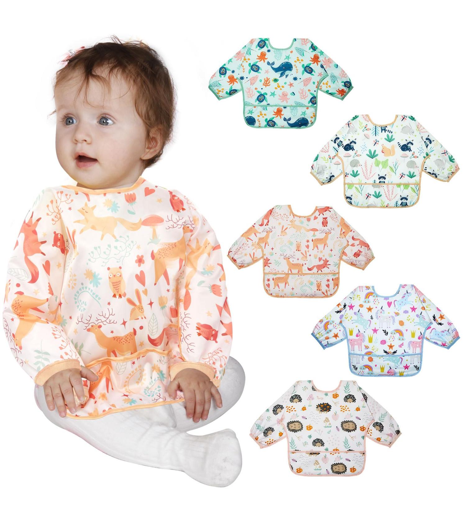 Lictin Waterproof Baby Bibs with Sleeves 5 Pcs - Unisex Feeding Apron for Infant Toddler 0-2 Years - Cute Cartoon Design - Multicolor - Buy Online on GoSupps.com