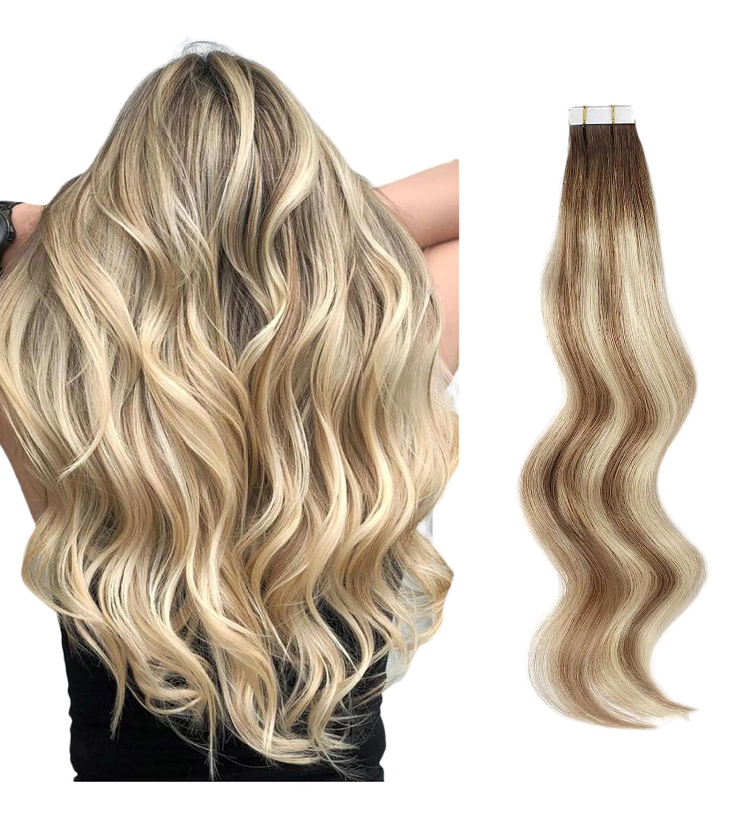 Real Hair Tape In Extensions - Double-Sided Remy Human Hair - Ash Brown Beach Blonde with Dark Brown Roots - 45 cm - Buy Online on GoSupps.com