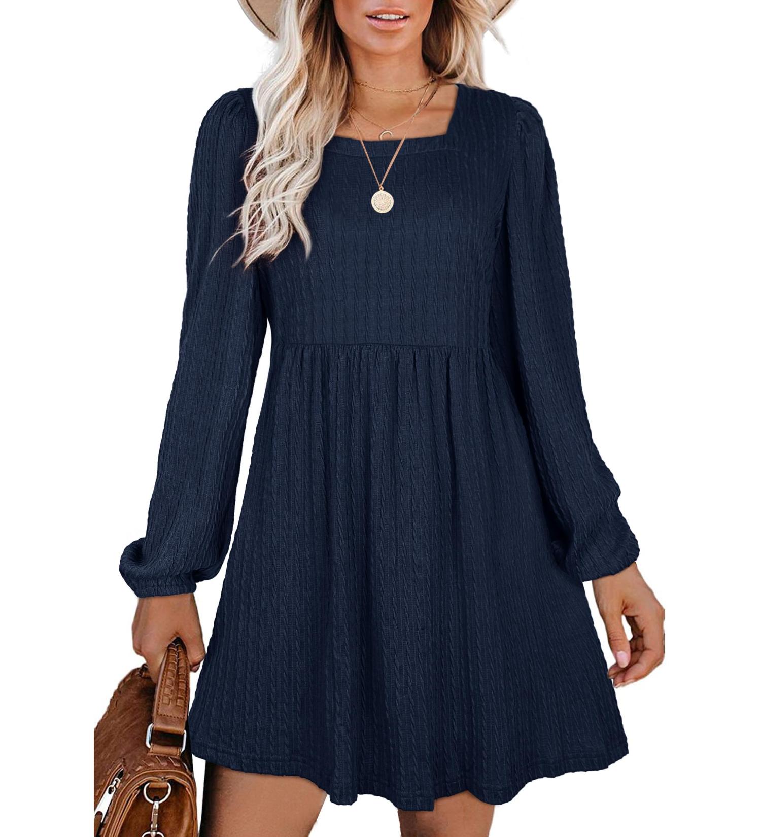 Aokosor Long Sleeve Knit Dress | Square Neck Jumper Babydoll Dress XXL Blue - Buy Online on GoSupps.com