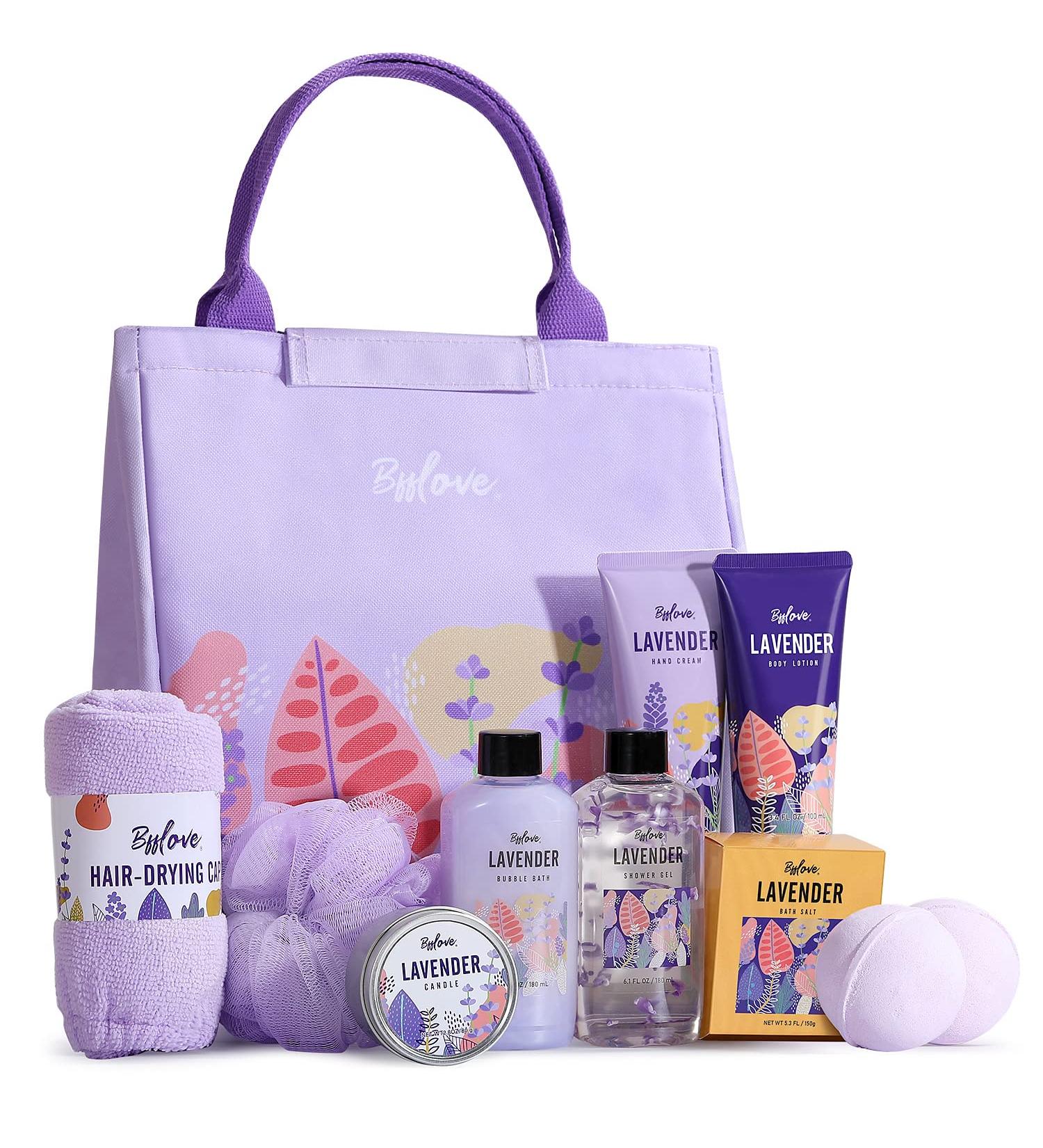 BFF Love Spa Gift Basket for Women - Lavender Spa Set with Candle, Bath Bomb, Bubble Bath - Relaxing Pamper Gifts for Her - Buy Online on GoSupps.com