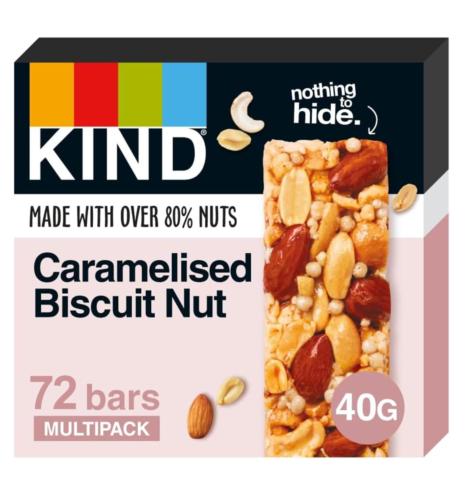 KIND Bars Bulk Pack High Fibre Gluten Free Snack Bars Caramelised Biscuit Nut No Artificial Colours Flavours or Preservatives 72 x 40g bars - Buy Online on GoSupps.com