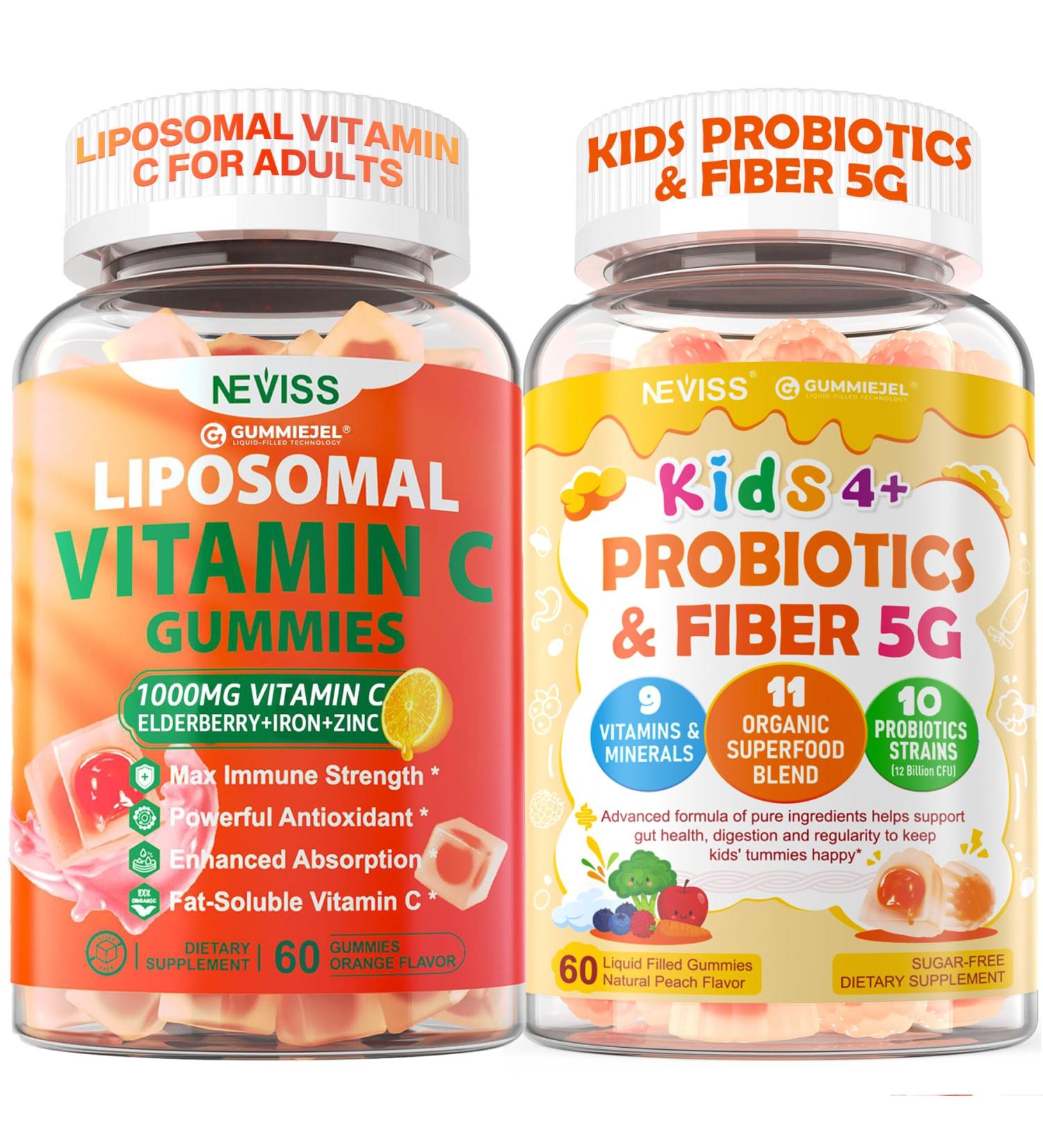 NEVISS Liposomal Vitamin C 1000mg Gummies & Probiotics for Kids Teen + Veggie & Fruit Fiber Gummies - Buy Online on GoSupps.com