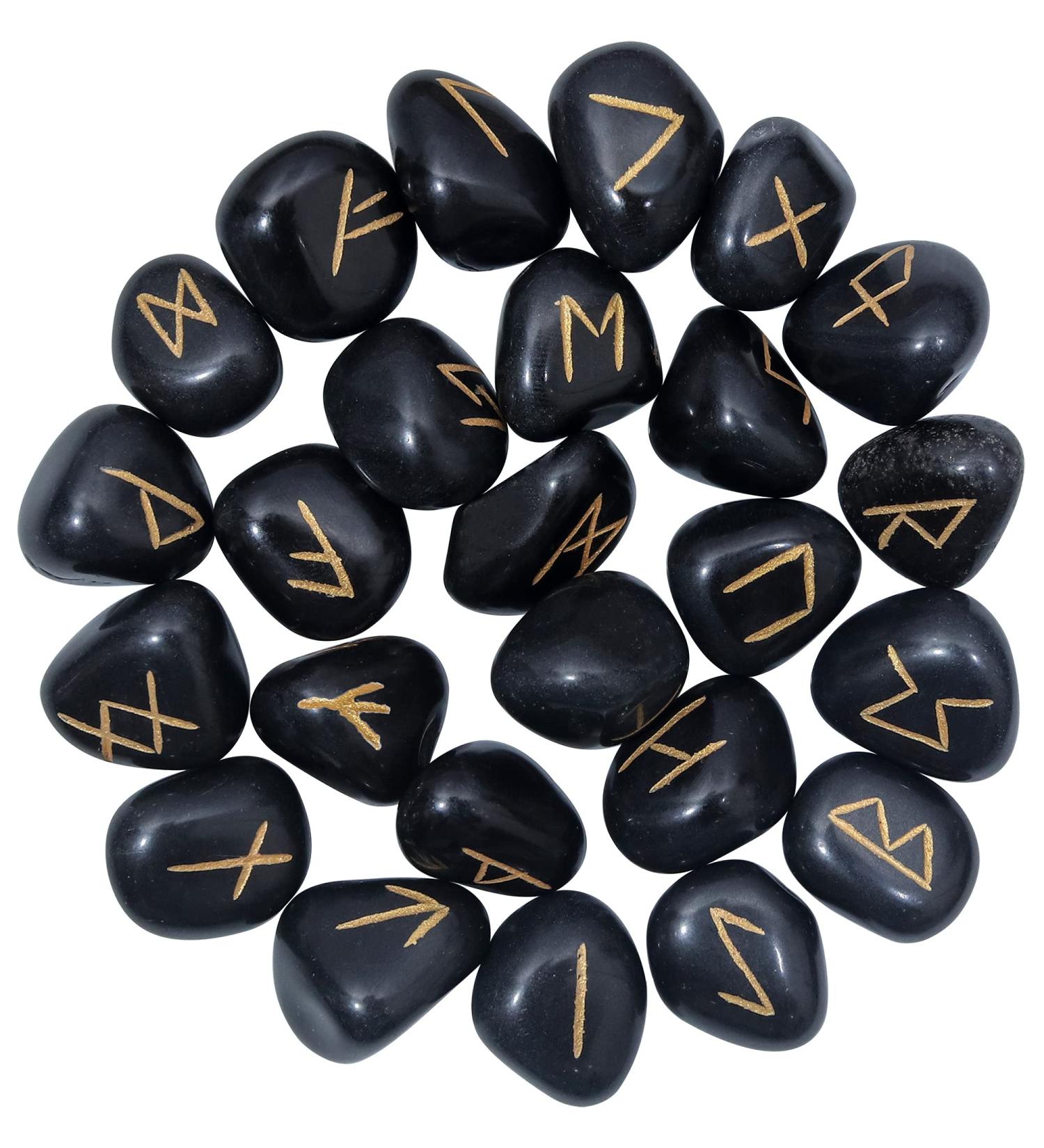 Black Obsidian Rune Stones Set - Elder Futhark Alphabet Engraved Symbols for Chakra Balancing | 15-20 mm Stones with Pouch & Brochure - Buy Online on GoSupps.com