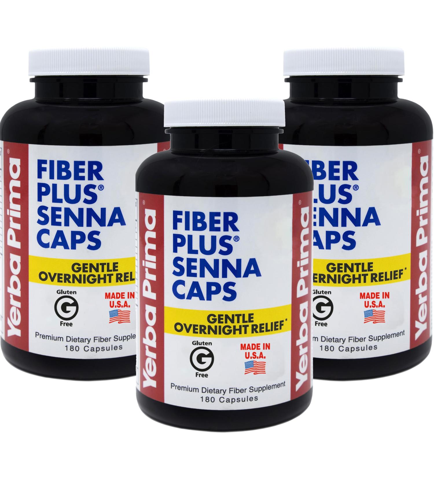 Yerba Prima Fiber Plus Senna Capsules 180 Count (3 Pack) - Gentle Overnight Relief USA Made Non-GMO Gluten-Free - Buy Online on GoSupps.com