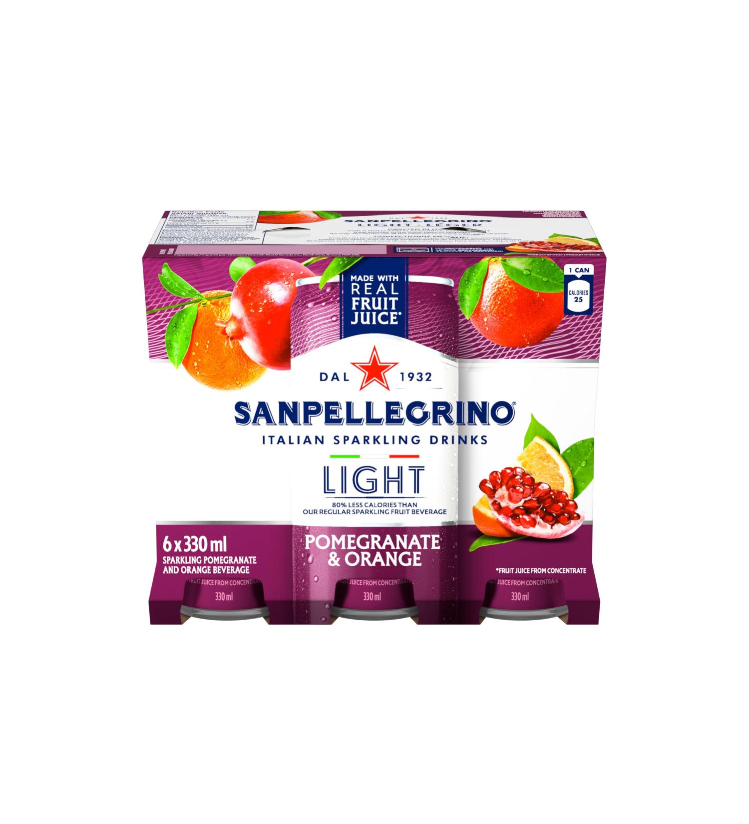 SAN PELLEGRINO Light Pomegranate & Orange Sparkling Fruit Beverage 25 Calories Per Serving Made With Real Fruit Juice (From Concentrate) Bold And Flavourful Crafted in Italy 24 Cans - Buy Online on GoSupps.com