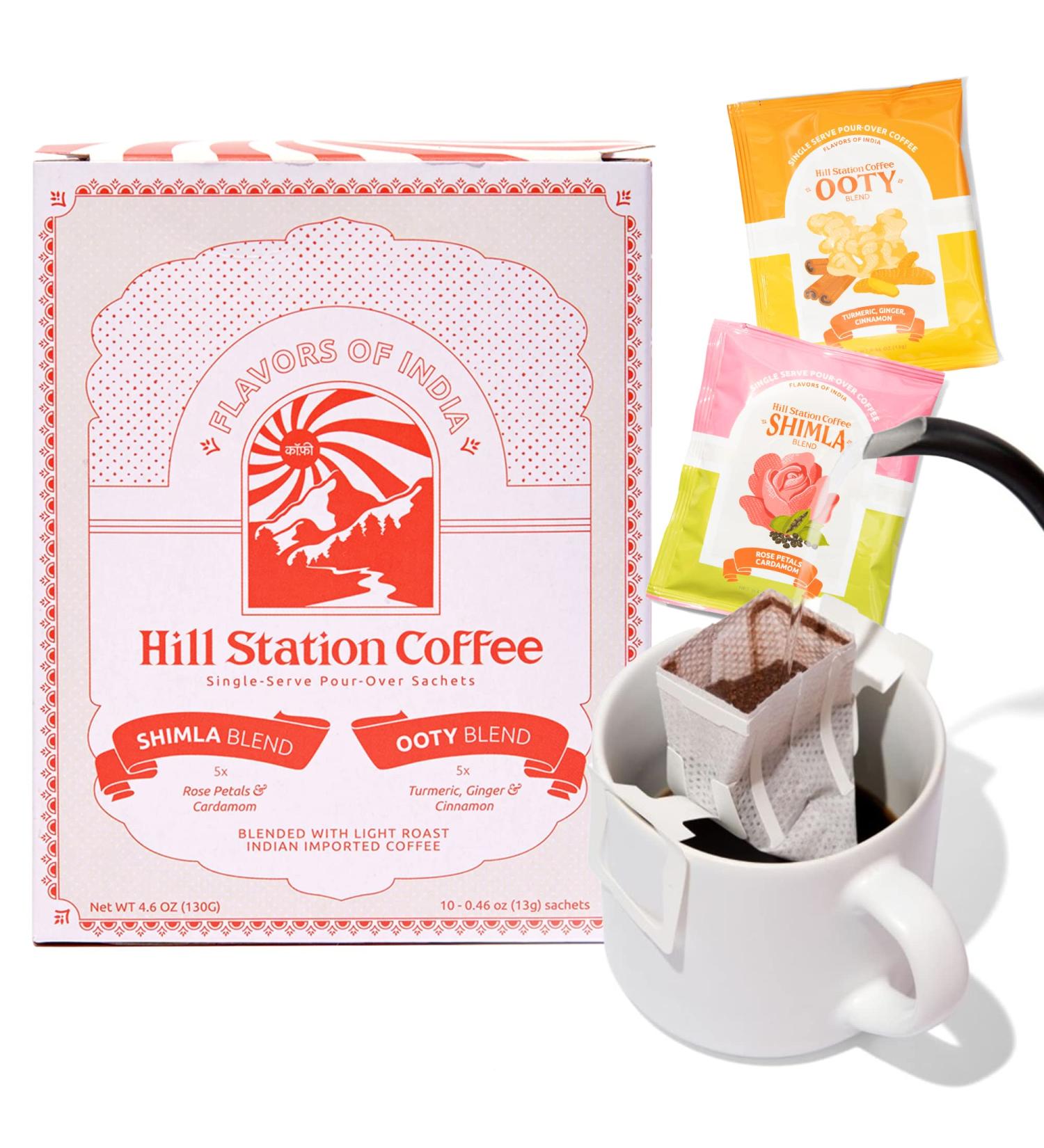 Indian Pour Over Coffee Sampler Gift Set by Hill Station Coffee - 10 Single Serve Blends - Low Acidity, Anti-Inflammatory - Tasting Pack from India's Shimla & Ooty Regions - Buy Online on GoSupps.com