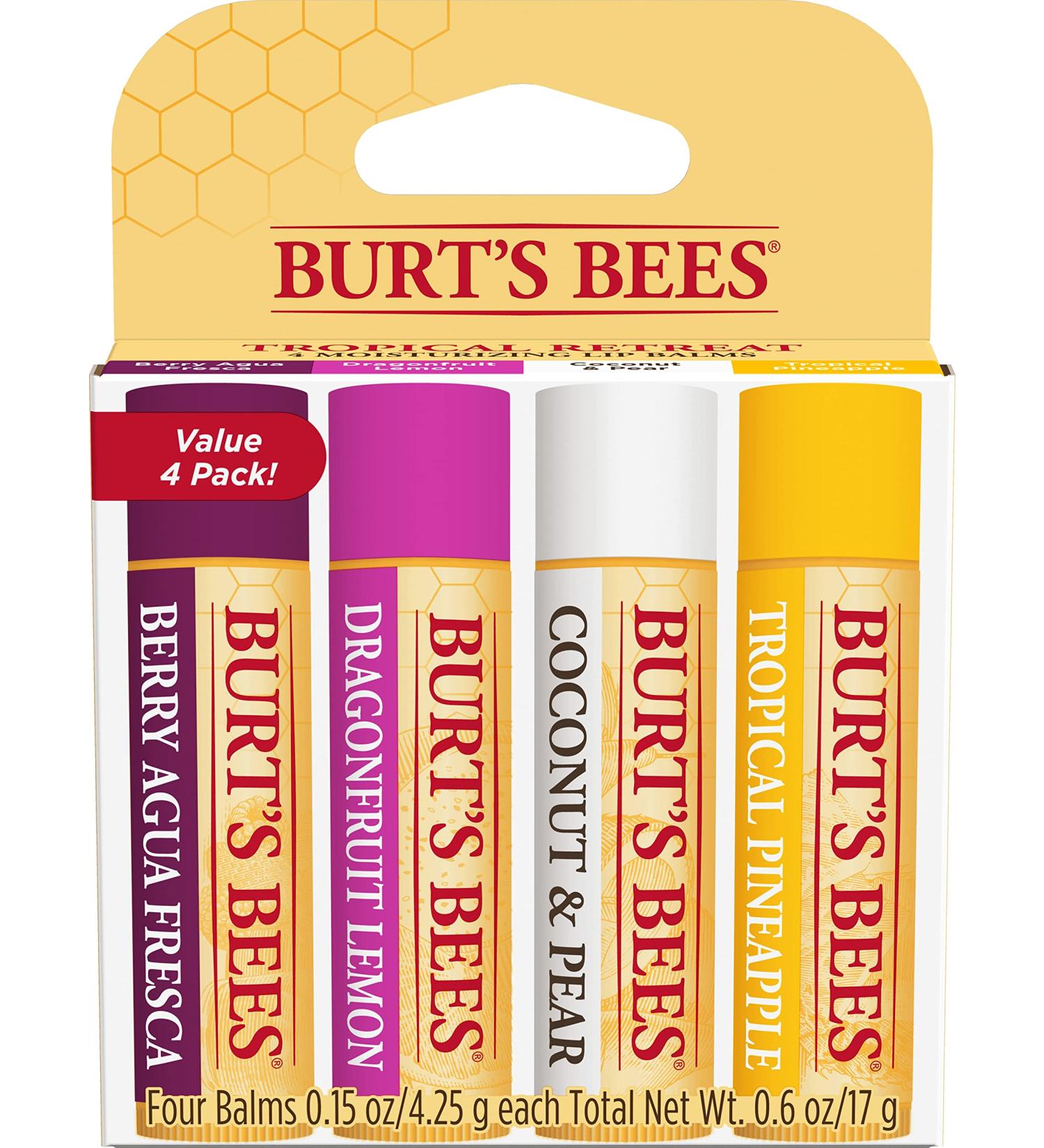Burt's Bees Natural Lip Balm - Tropical 4 Count: Pineapple, Berry, Dragon Fruit & Coconut Pear - Buy Online on GoSupps.com