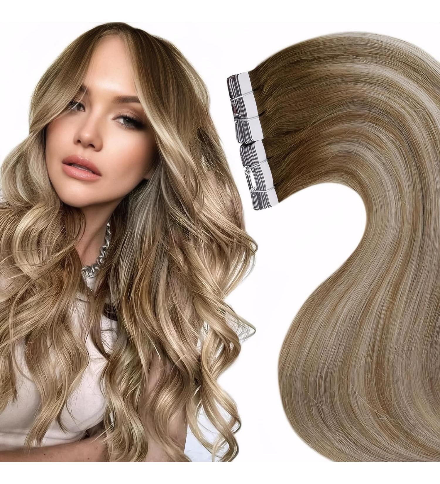 Laavoo Ombre Brown Tape-In Extensions | Remy Human Hair 60cm | Light Brown to Platinum Blonde #8/60/8 | 20pcs 50g - Buy Online on GoSupps.com