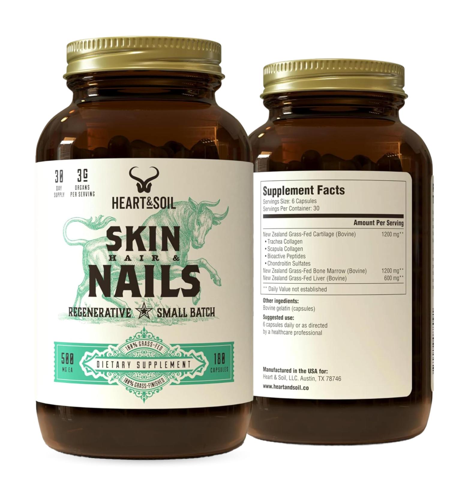 Heart & Soil 100% Grass Fed & Finished Hair Skin and Nails Supplement from Regenerative Cattle with Cartilage, Liver, & Bone Marrow 3000mg Beef Organs for Women & Men Glass Bottle 180 Capsules Skin, Hair & Nails - Buy Online on GoSupps.com