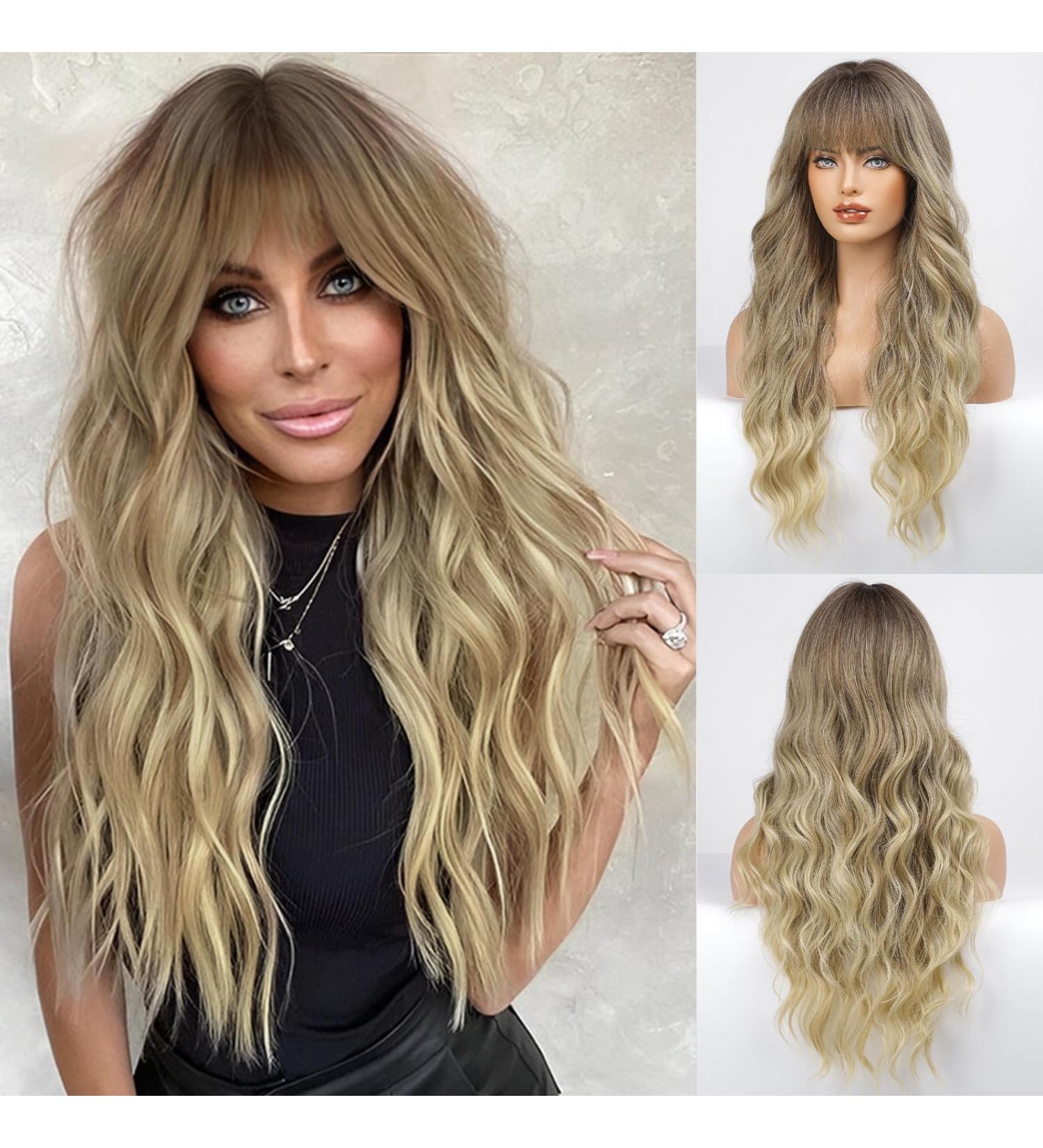 HAIRCUBE Ombre Brown & Blonde Long Curly Wig with Bangs - Heat-Resistant Synthetic Wig for Fashionable Women | Natural Appearance - Buy Online on GoSupps.com