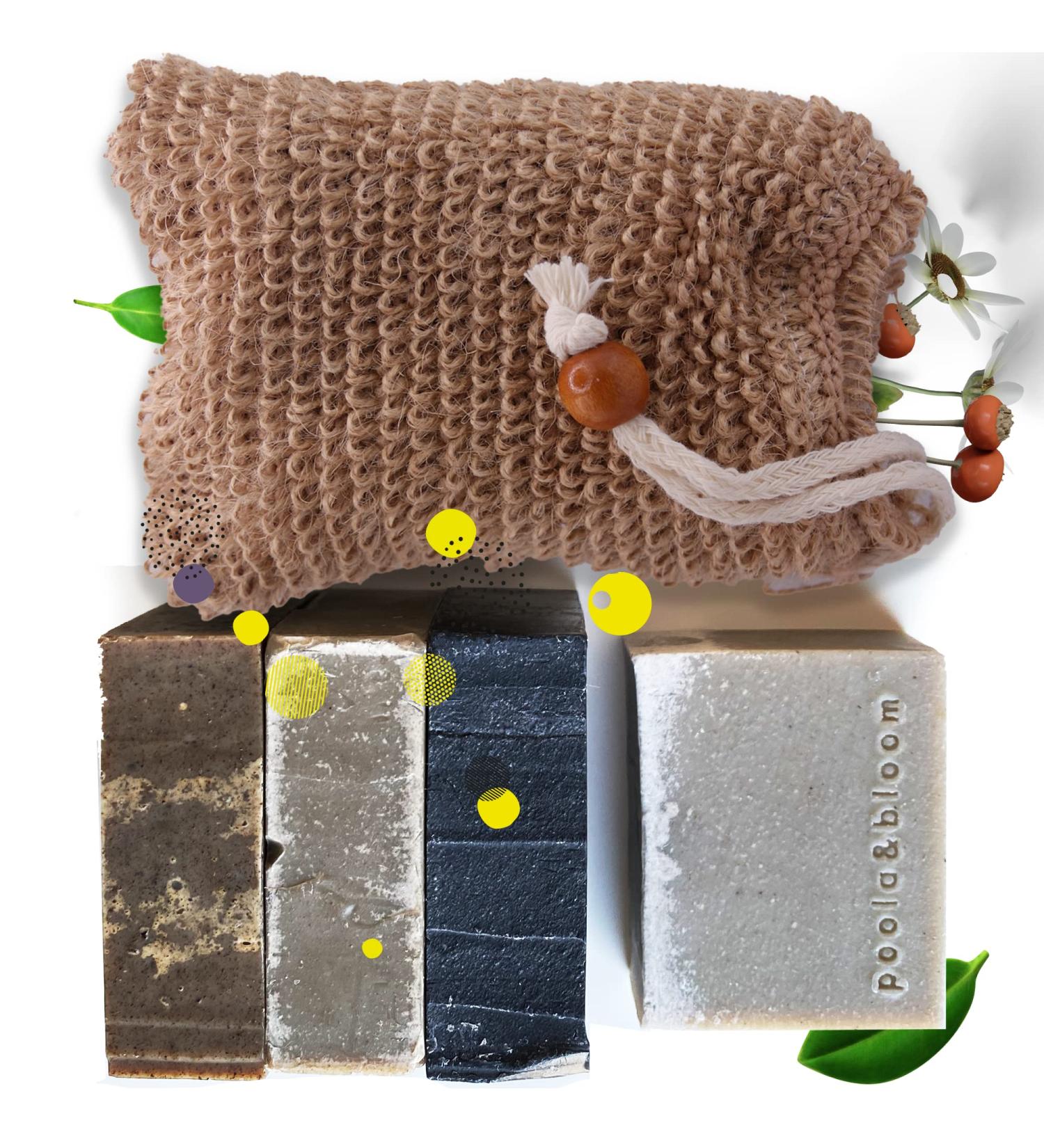 Handmade Natural Soap Set with Sisal Bag - 4 Shower Soaps for Men | Personal Hygiene & Care - Buy Online on GoSupps.com