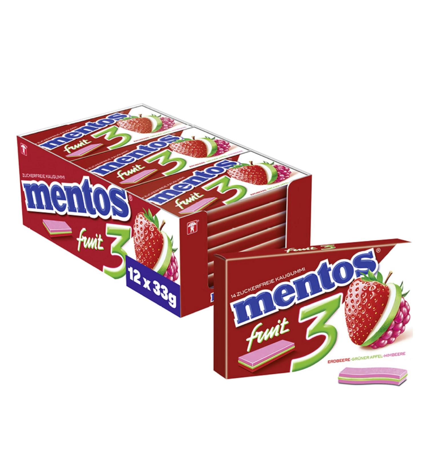 Buy Mentos Sugar-Free Chewing Gum - Fruity Fresh Strawberry Green Apple & Raspberry (12 x 33g) | International Shipping - Buy Online on GoSupps.com
