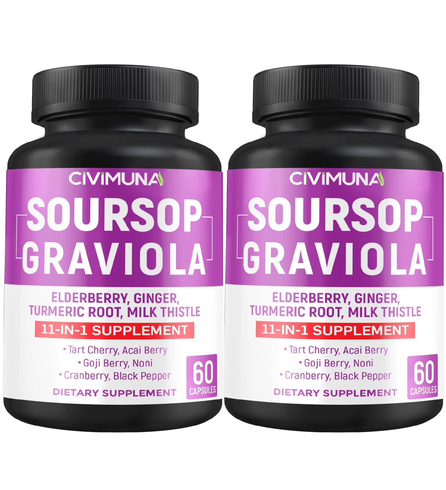 Soursop Graviola Capsules with Elderberry Turmeric Curcumin and More - 120 Capsules for 4 Months Supply (Pack of 2) - Buy Online on GoSupps.com