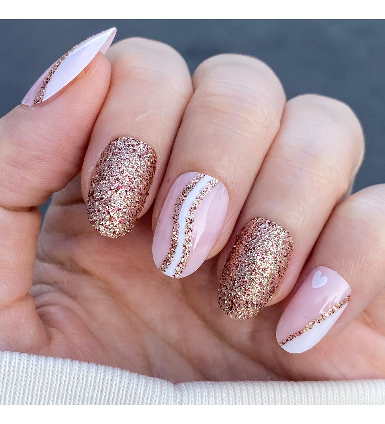 Novo Ovo Short Oval Almond Pink French Tip Press-On Nails - Glitter White Heart Artificial Fingernails with Glue | Shop Internationally! - Buy Online on GoSupps.com