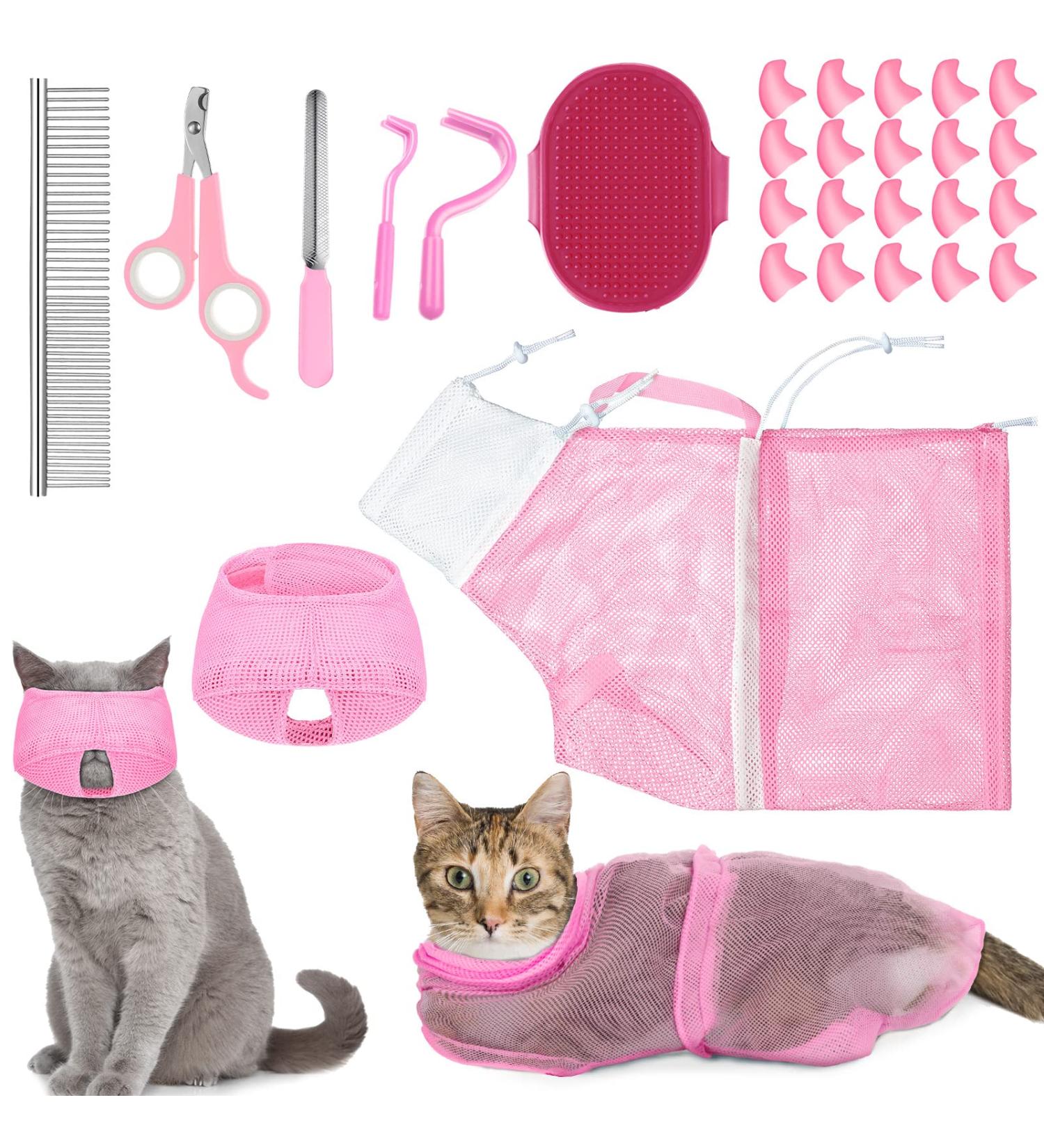 9-Piece Cat Bathing Set - Anti Bite & Scratch Grooming Bag, Brush, Comb, Muzzle, Nail Clipper, File, Tick Tool - Pink - Buy Online on GoSupps.com