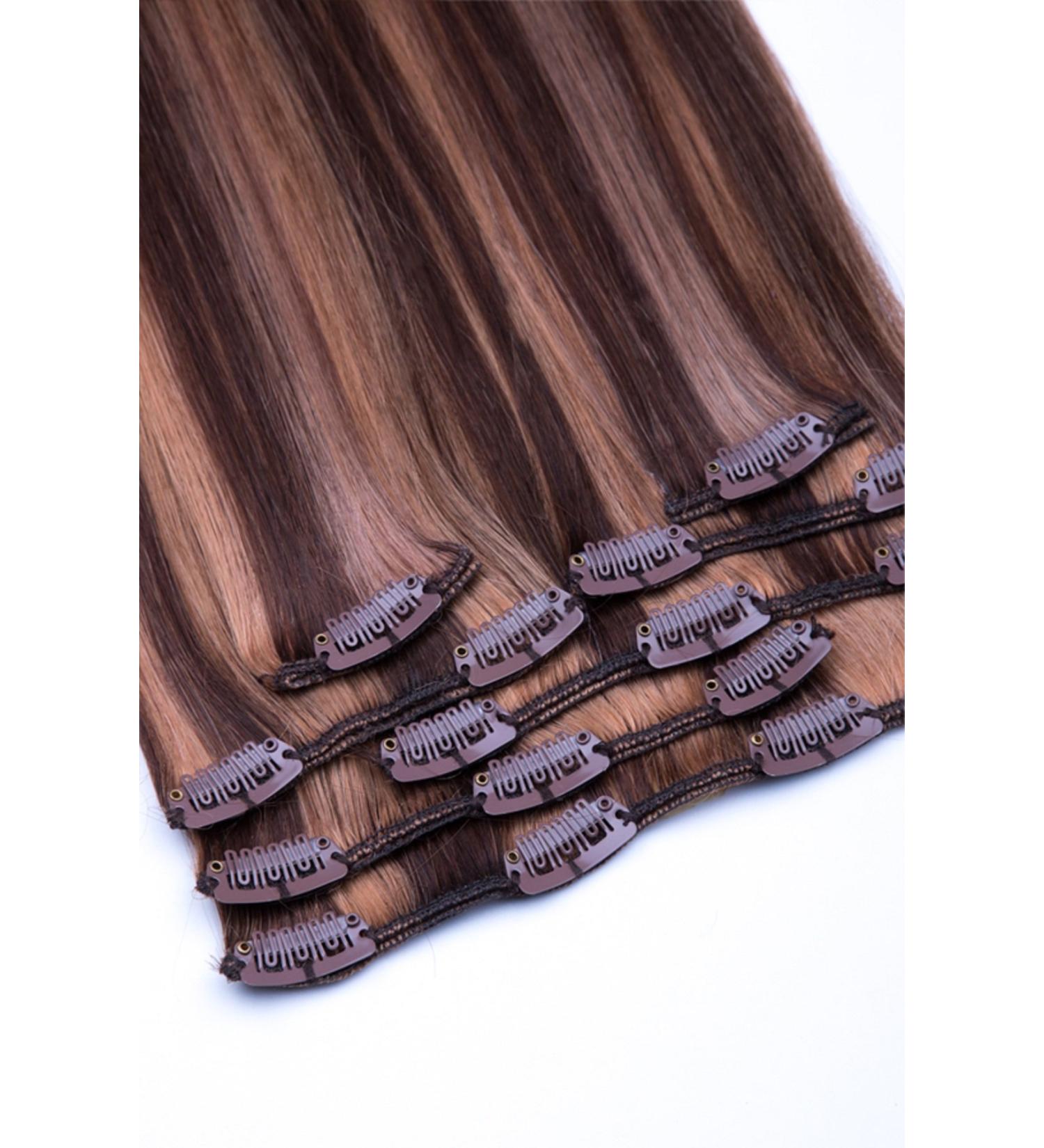 Clip In Extensions Set 100% Real Hair - 7 Pieces 70g 45 cm Chocolate Brown to Honey Blonde No. 4/27 | International Shipping - Buy Online on GoSupps.com